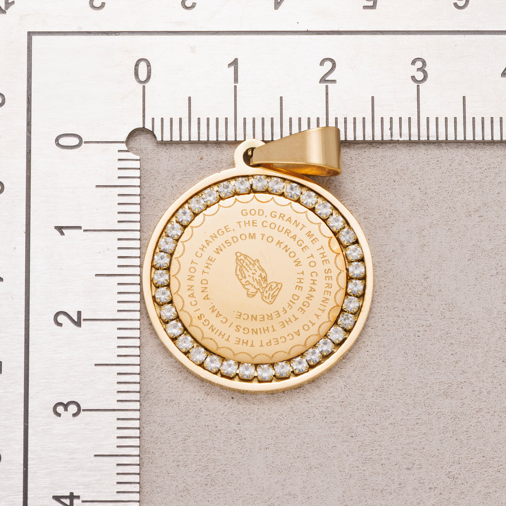 Gold PVD Stainless Steel Micro Paved CZ Religious Round Pendant Serenity Prayer Charm