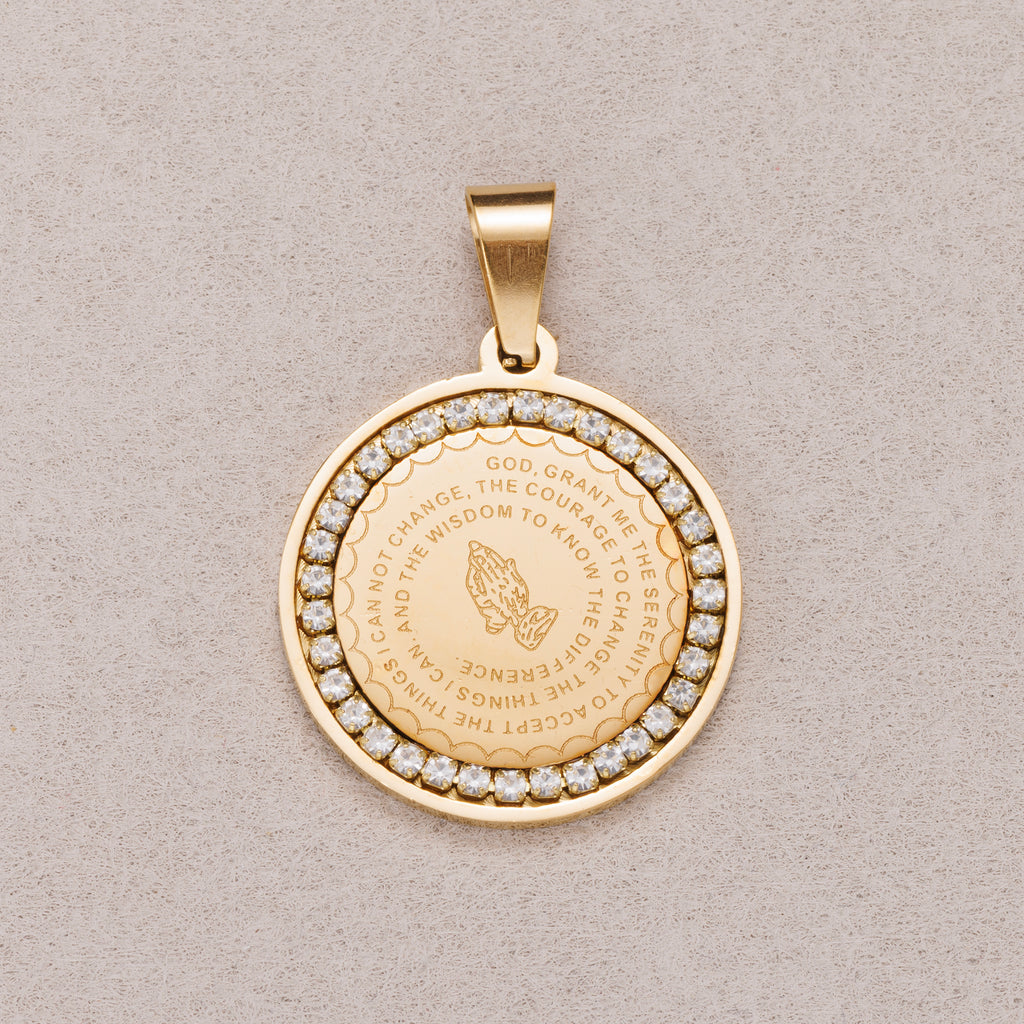 Gold PVD Stainless Steel Micro Paved CZ Religious Round Pendant Serenity Prayer Charm