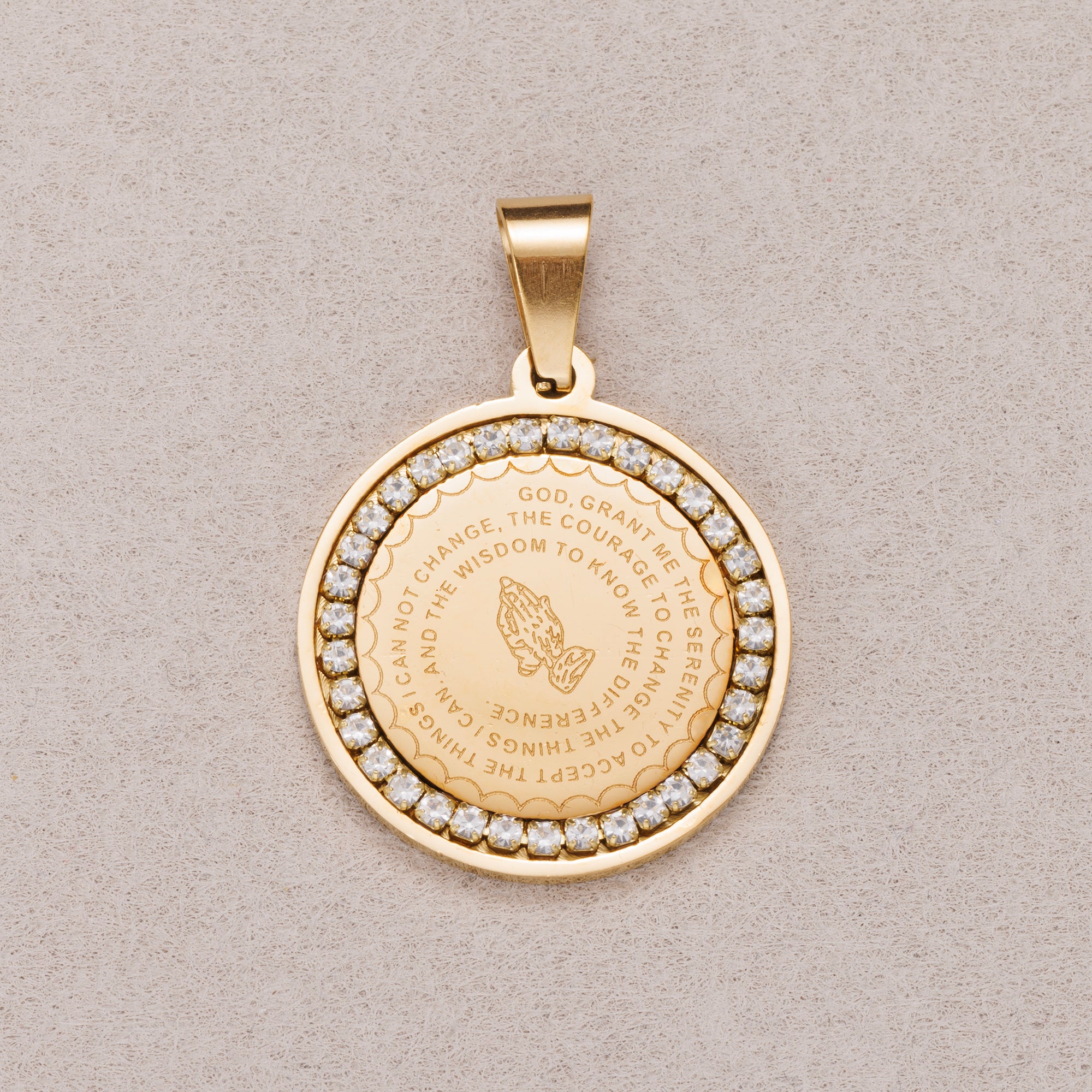 Gold PVD Stainless Steel Micro Paved CZ Religious Round Pendant Serenity Prayer Charm