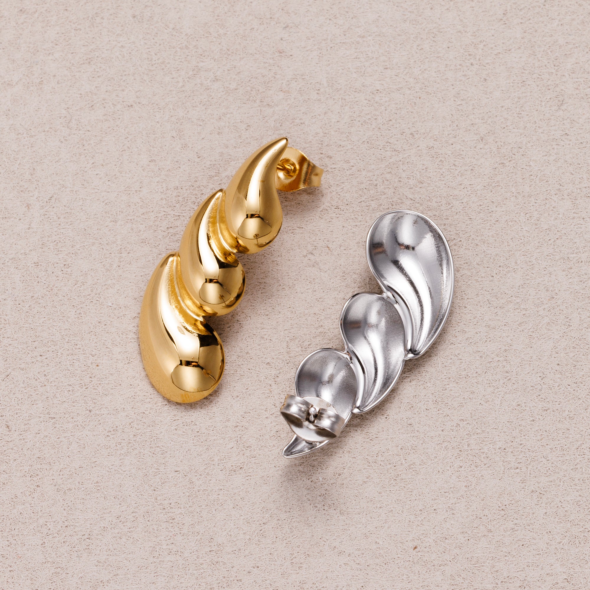 Gold PVD Stainless Triple Spiral Teardrop Stud Earrings
