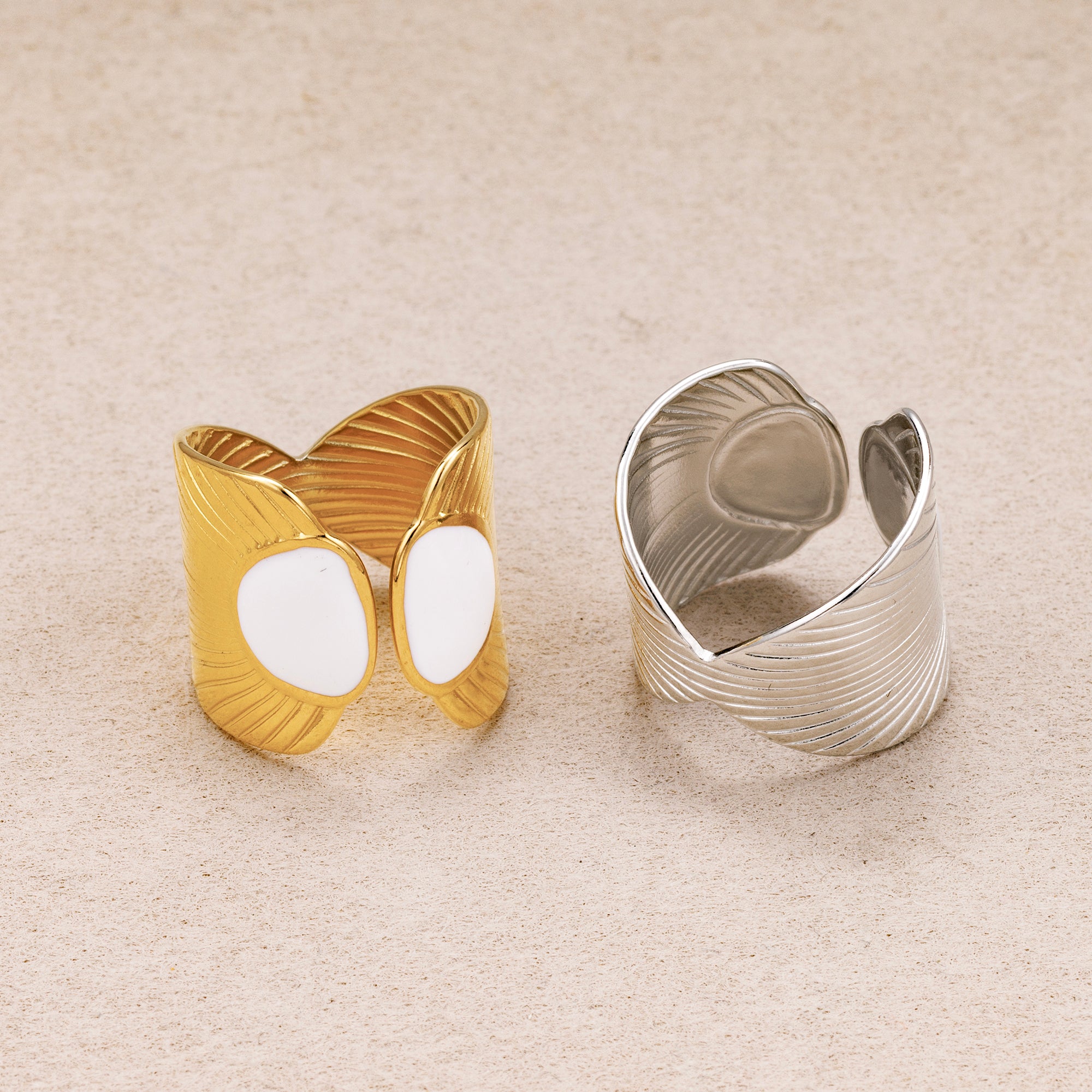 Gold PVD Stainless Steel White Enamel Textured Fan Statement Adjustable Ring