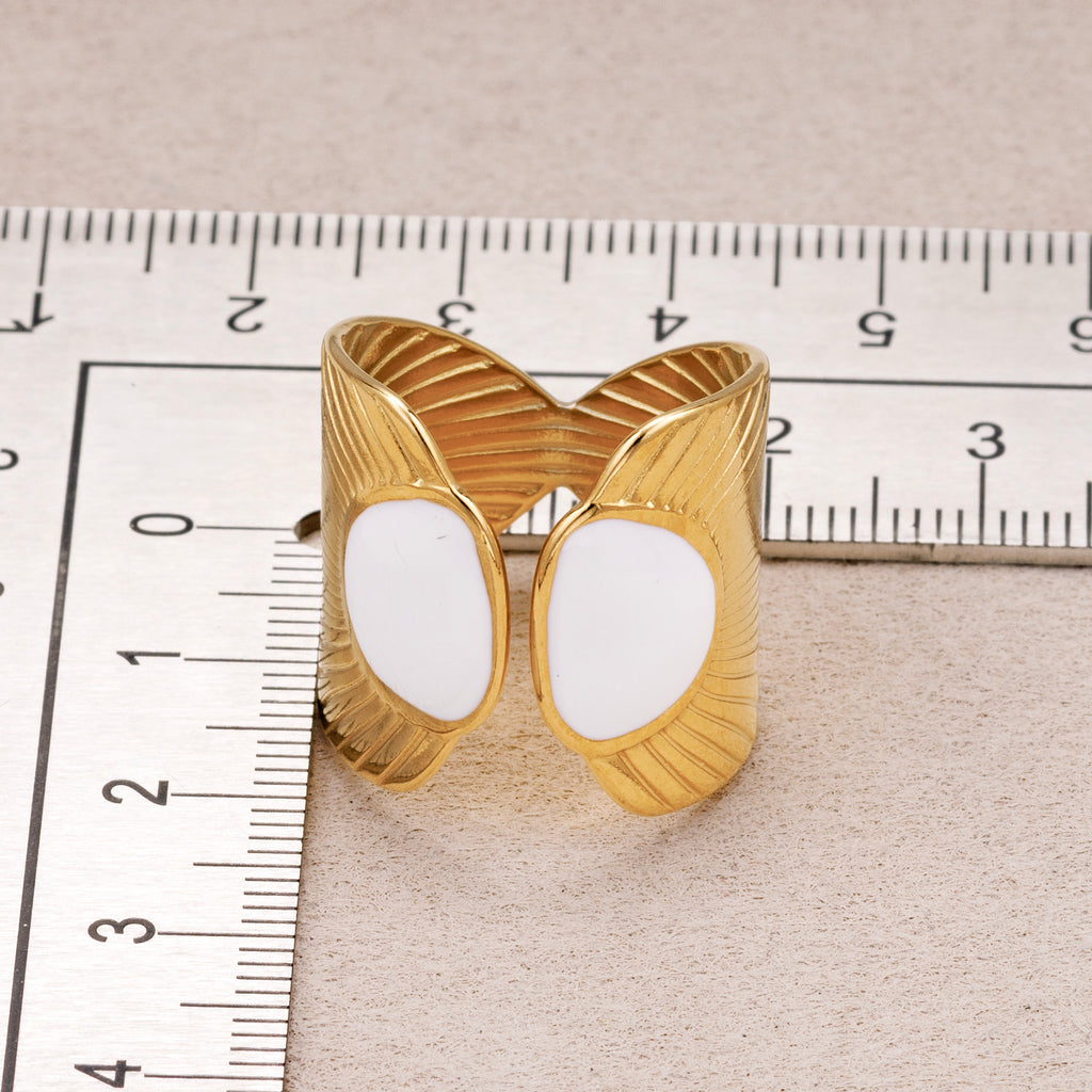 Gold PVD Stainless Steel White Enamel Textured Fan Statement Adjustable Ring