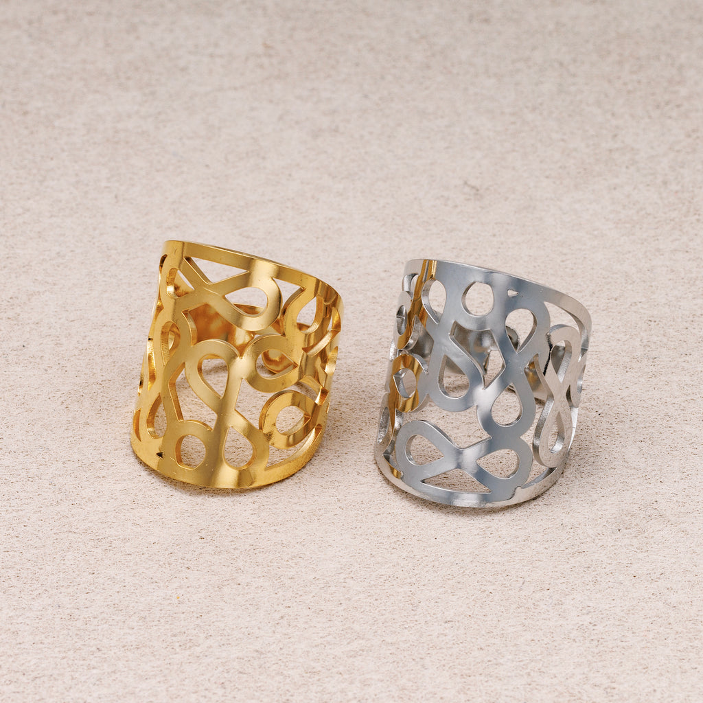 Gold PVD Stainless Steel Geometric Abstract Cut Wide Band Adjustable Ring