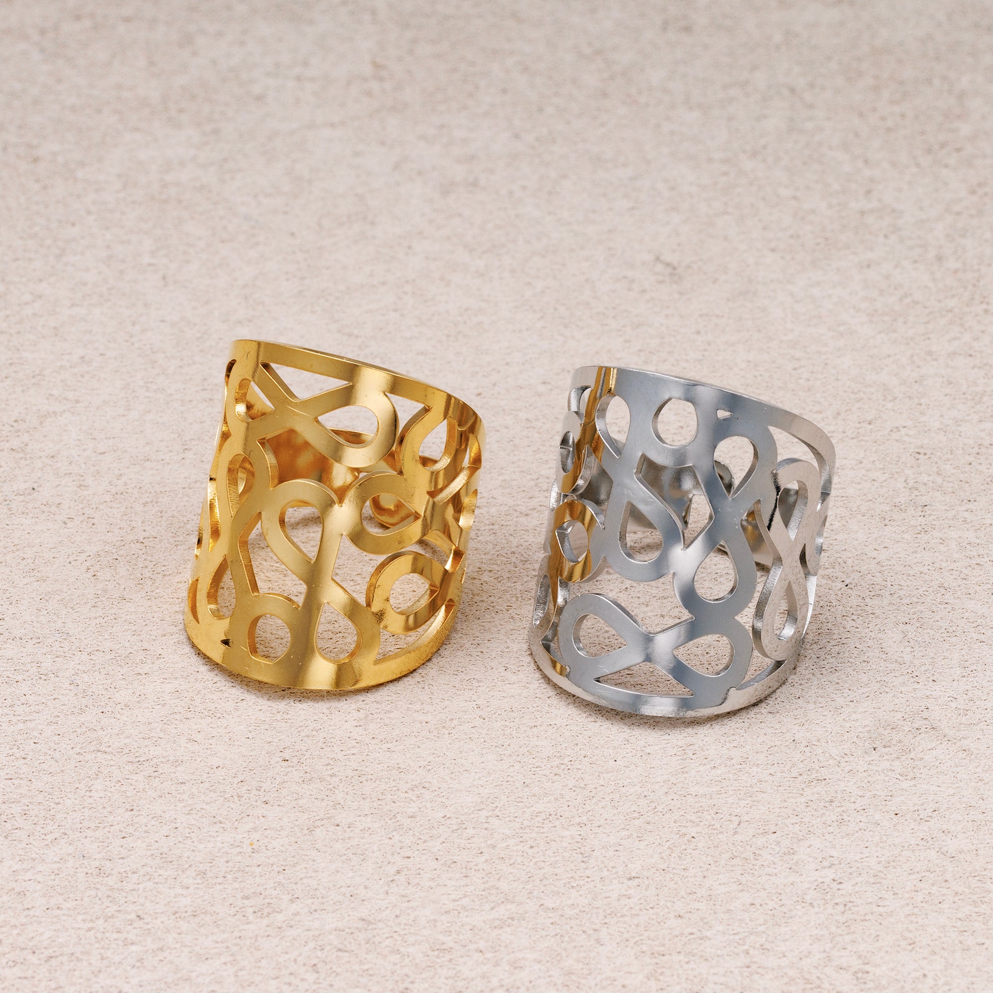 Gold PVD Stainless Steel Geometric Abstract Cut Wide Band Adjustable Ring