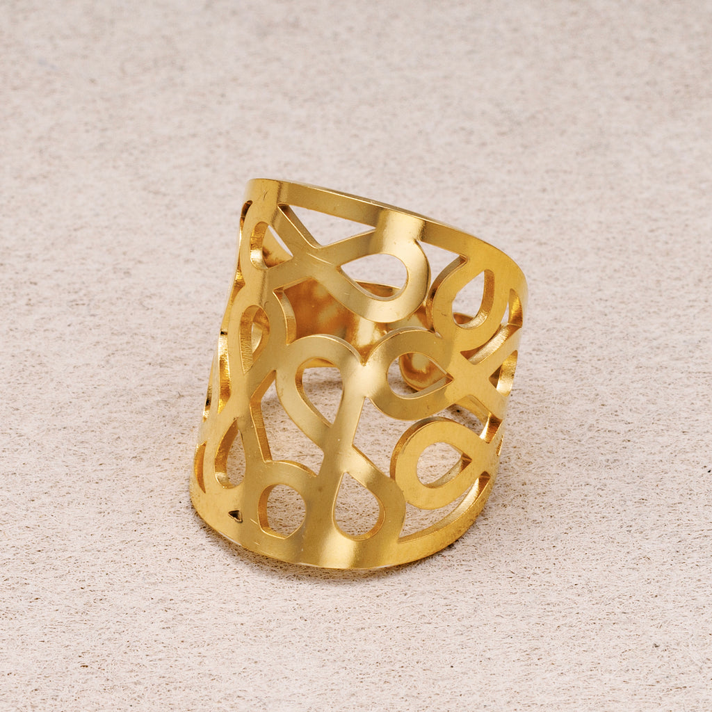 Gold PVD Stainless Steel Geometric Abstract Cut Wide Band Adjustable Ring