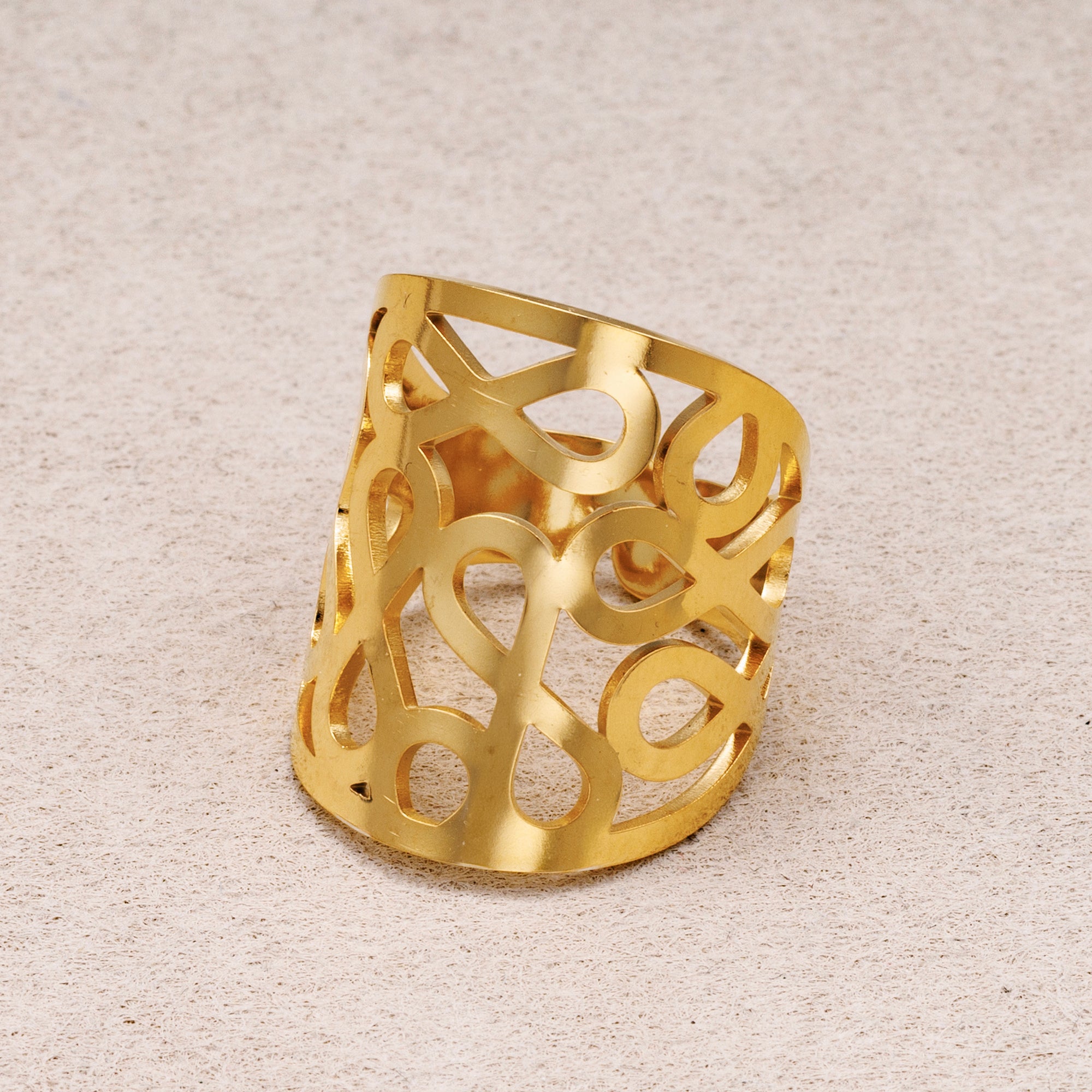Gold PVD Stainless Steel Geometric Abstract Cut Wide Band Adjustable Ring