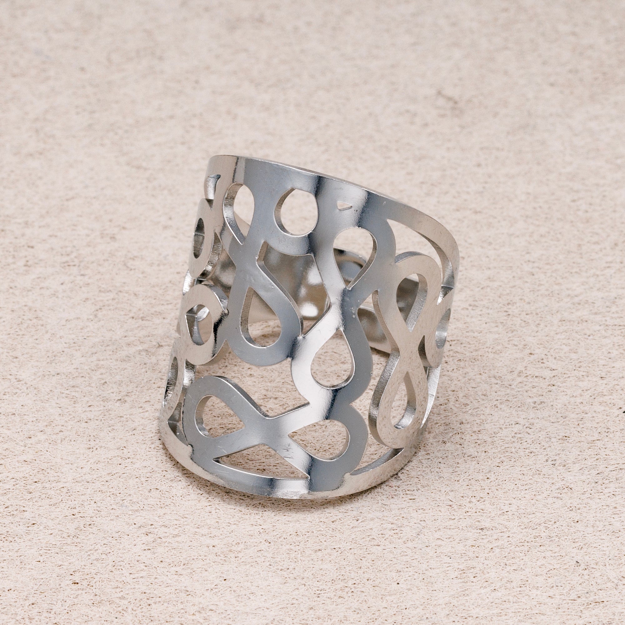 Gold PVD Stainless Steel Geometric Abstract Cut Wide Band Adjustable Ring