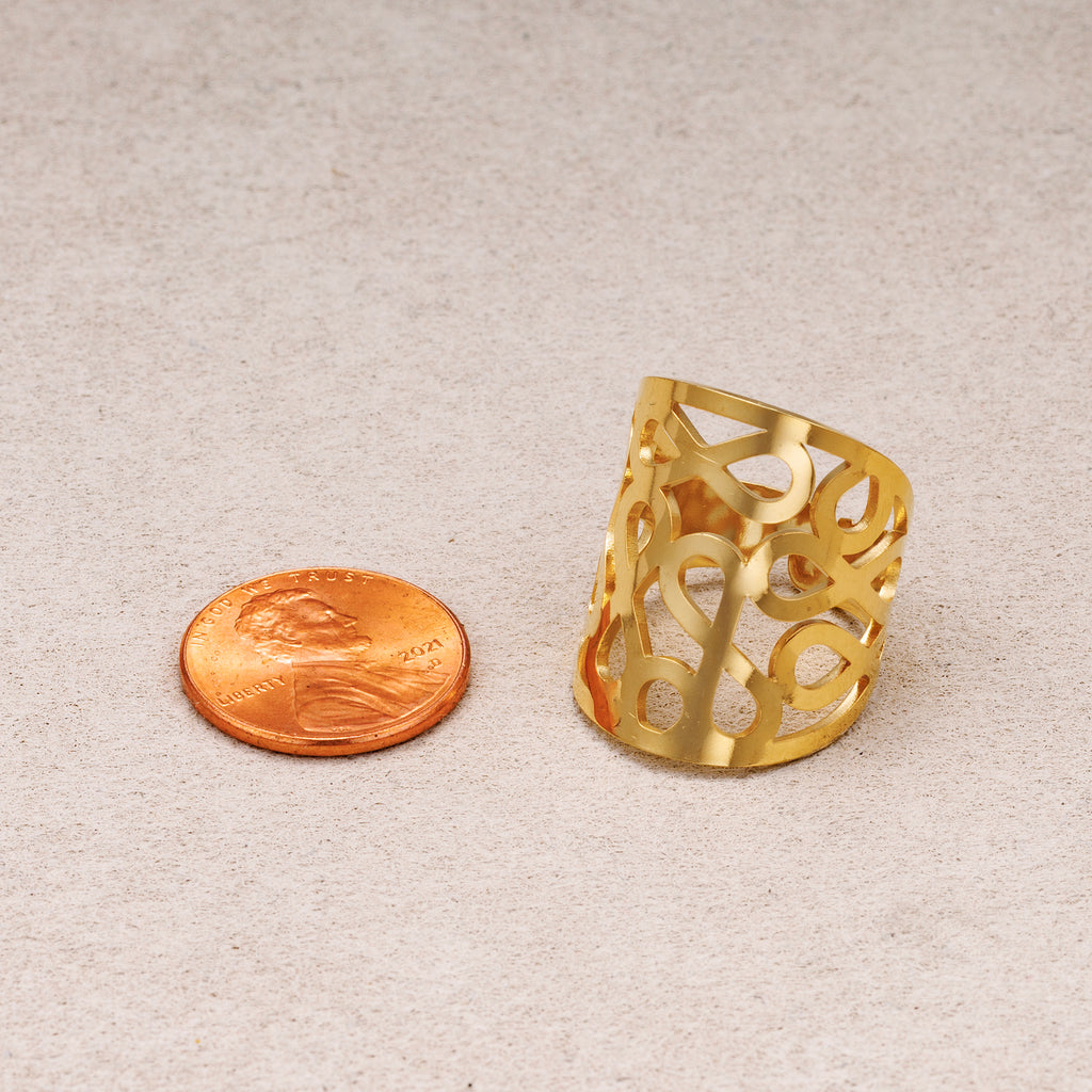 Gold PVD Stainless Steel Geometric Abstract Cut Wide Band Adjustable Ring