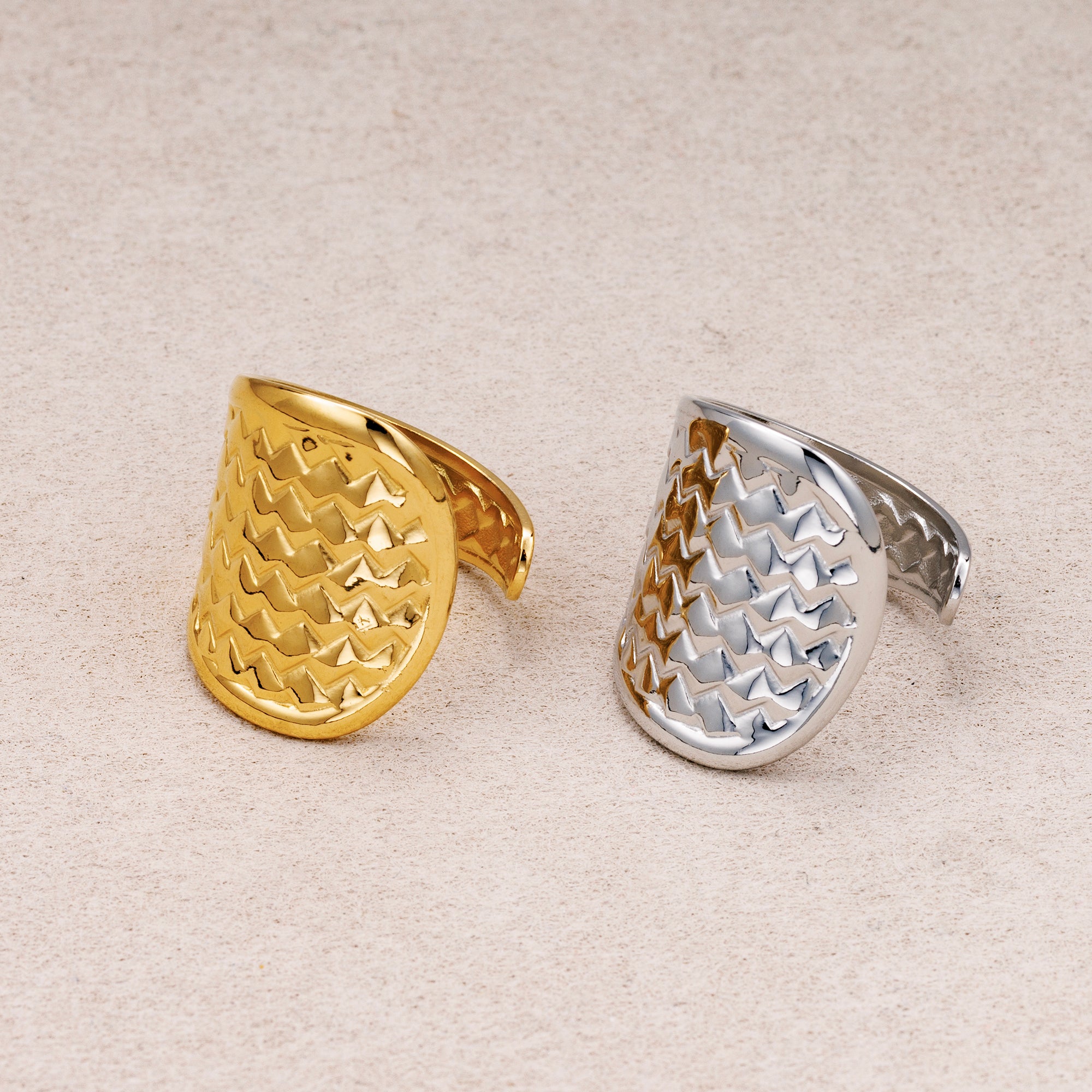 Gold PVD Stainless Steel Textured Shield Statement Adjustable Ring