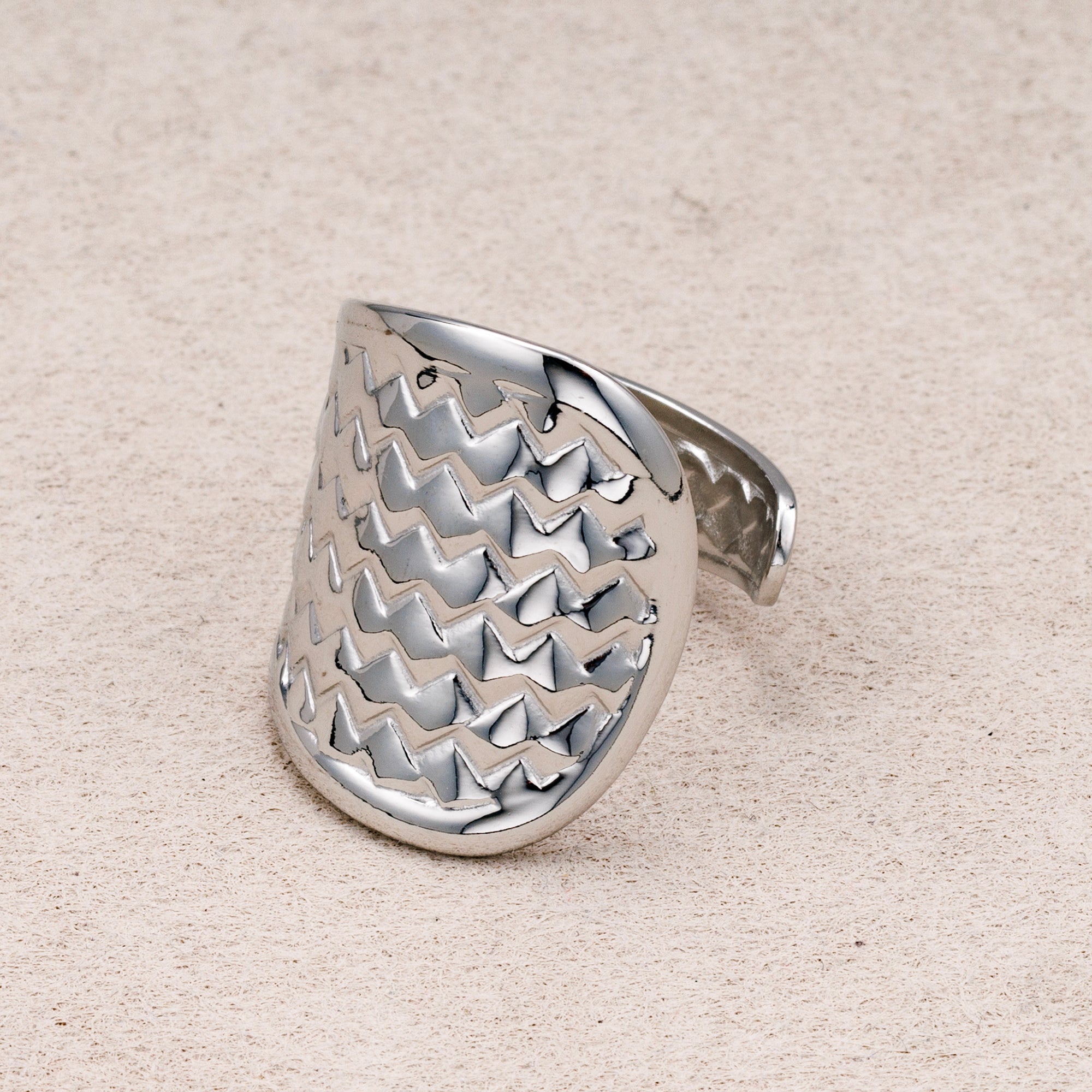 Gold PVD Stainless Steel Textured Shield Statement Adjustable Ring