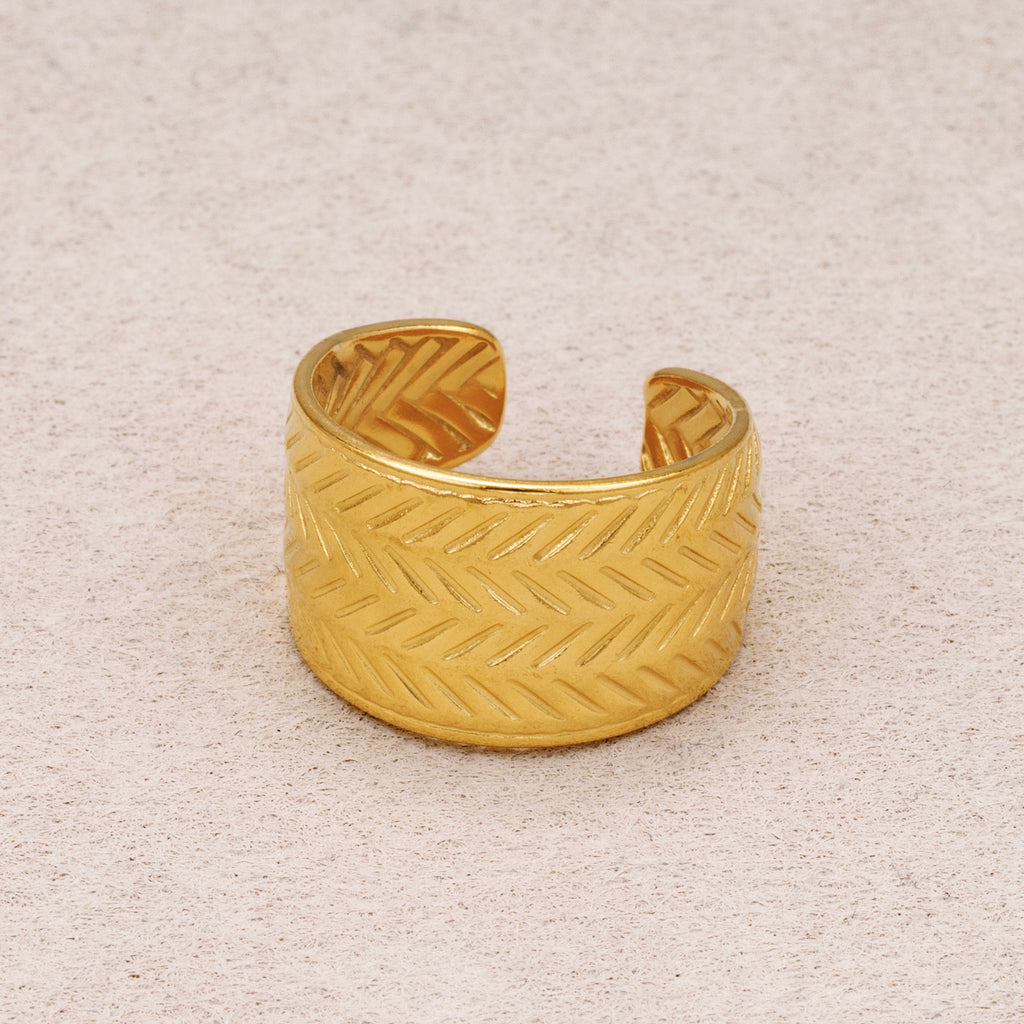 Gold PVD Stainless Steel Herringbone Textured Wide Band Open Adjustable Ring