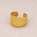 Gold PVD Stainless Steel Herringbone Textured Wide Band Open Adjustable Ring