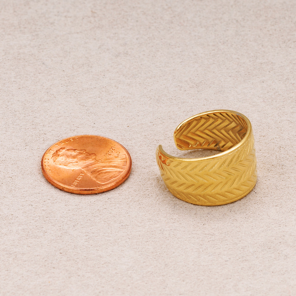 Gold PVD Stainless Steel Herringbone Textured Wide Band Open Adjustable Ring