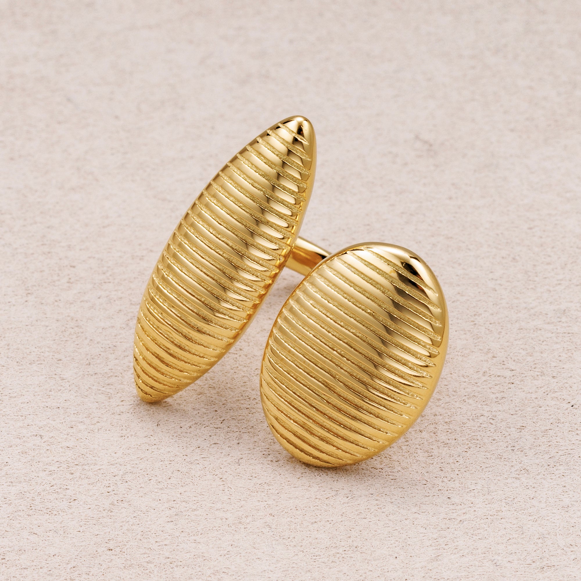 Gold PVD Stainless Steel Ribbed Ellipse and Oval Adjustable Ring