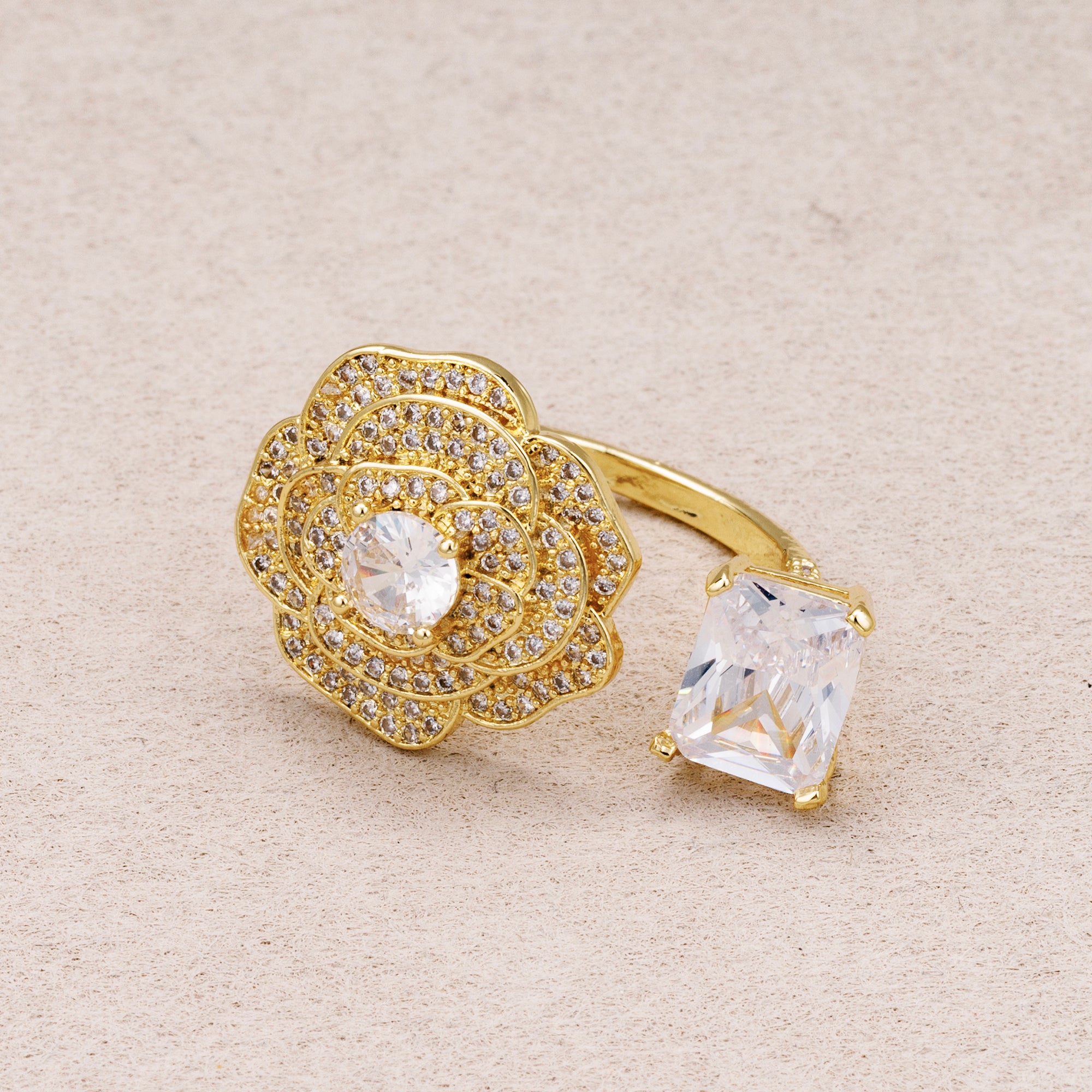 24K Gold Plated Micro Paved CZ Baguette Flower Statement Adjustable Ring