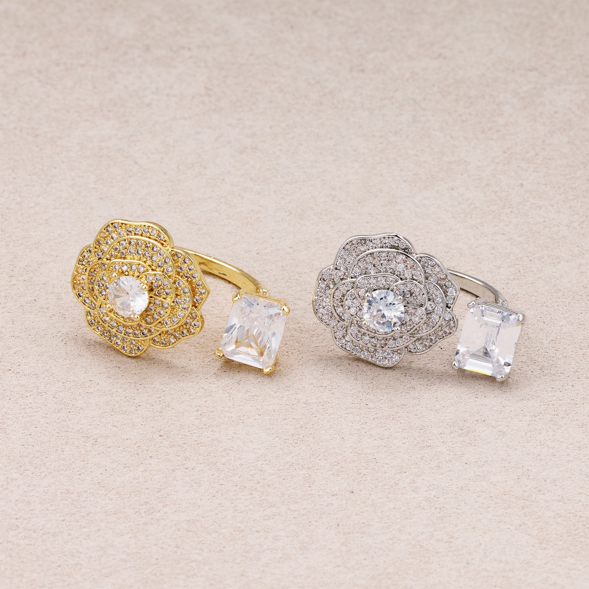 24K Gold Plated Micro Paved CZ Baguette Flower Statement Adjustable Ring