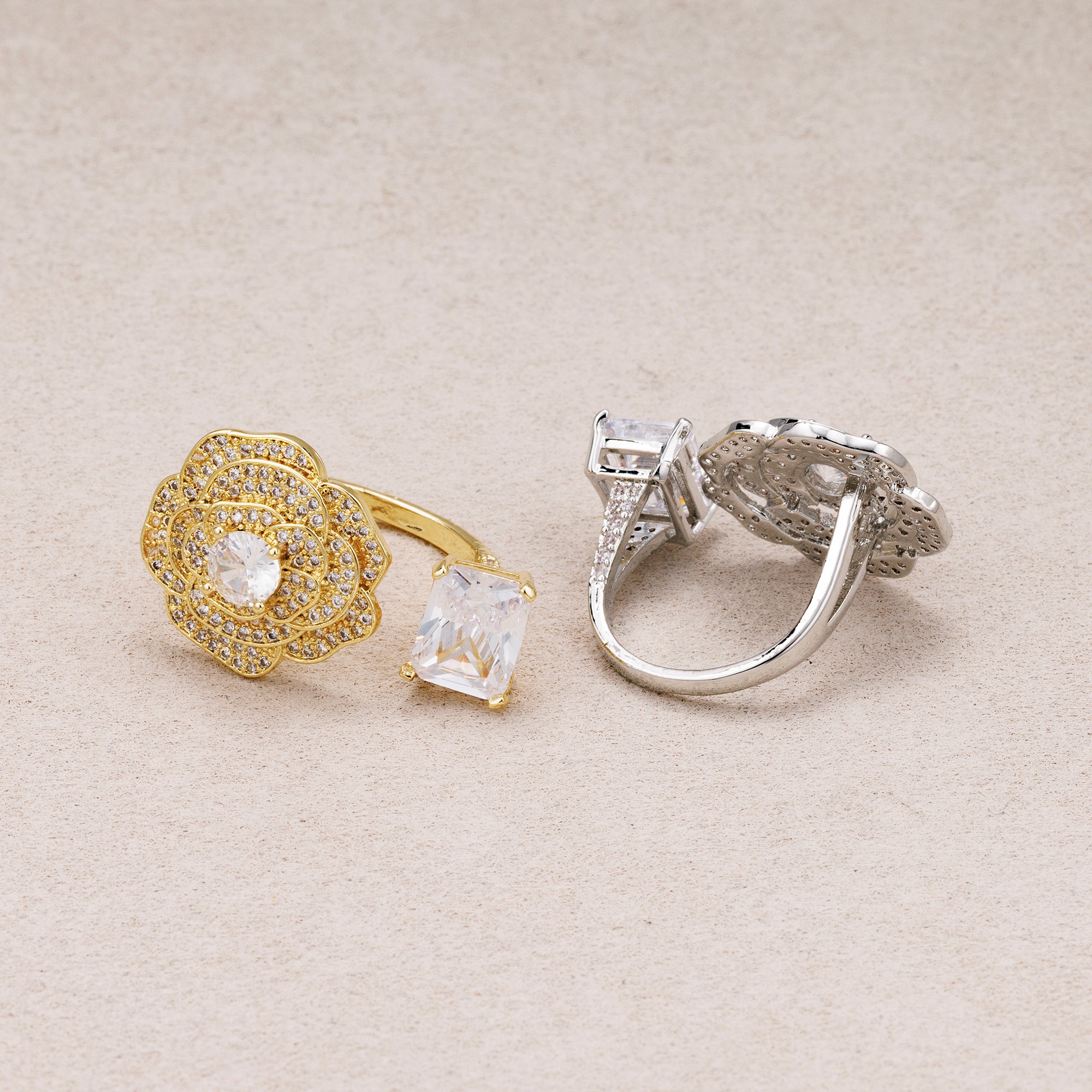 24K Gold Plated Micro Paved CZ Baguette Flower Statement Adjustable Ring