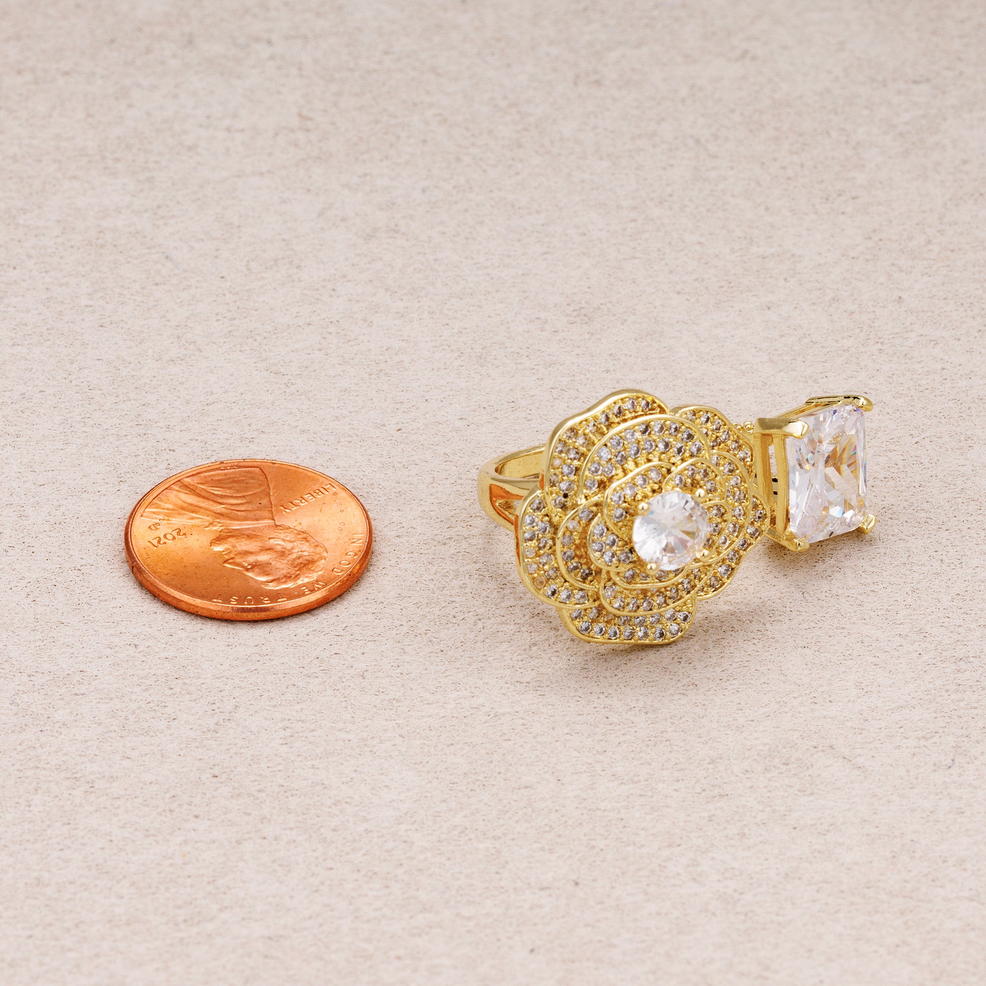 24K Gold Plated Micro Paved CZ Baguette Flower Statement Adjustable Ring