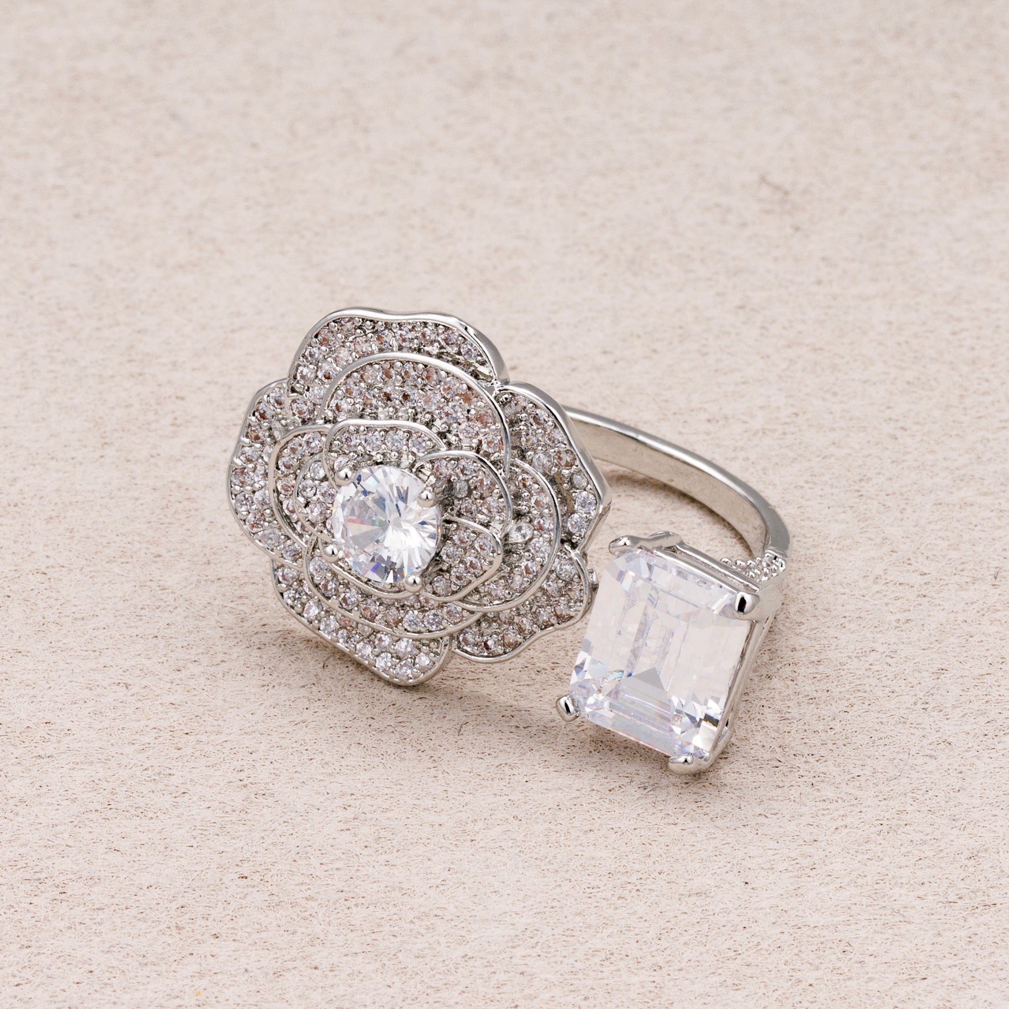 24K Gold Plated Micro Paved CZ Baguette Flower Statement Adjustable Ring