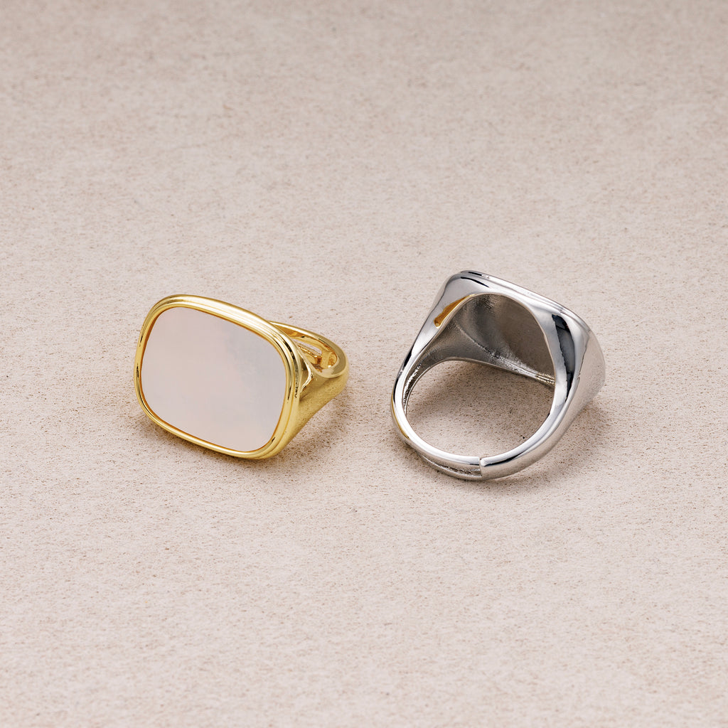24K Gold Plated Vintage Mother of Pearl Signet Ring Adjustable Ring