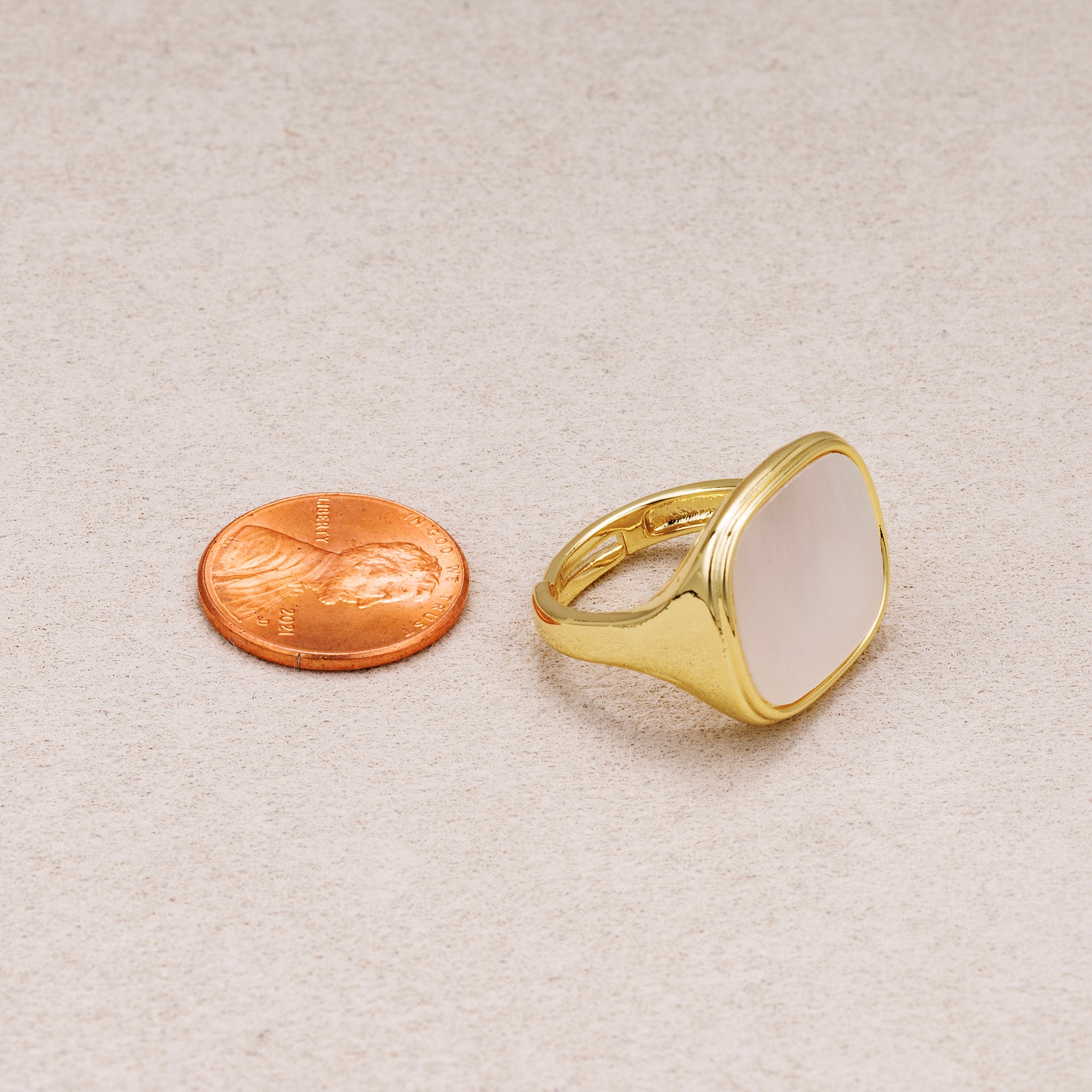 24K Gold Plated Vintage Mother of Pearl Signet Ring Adjustable Ring