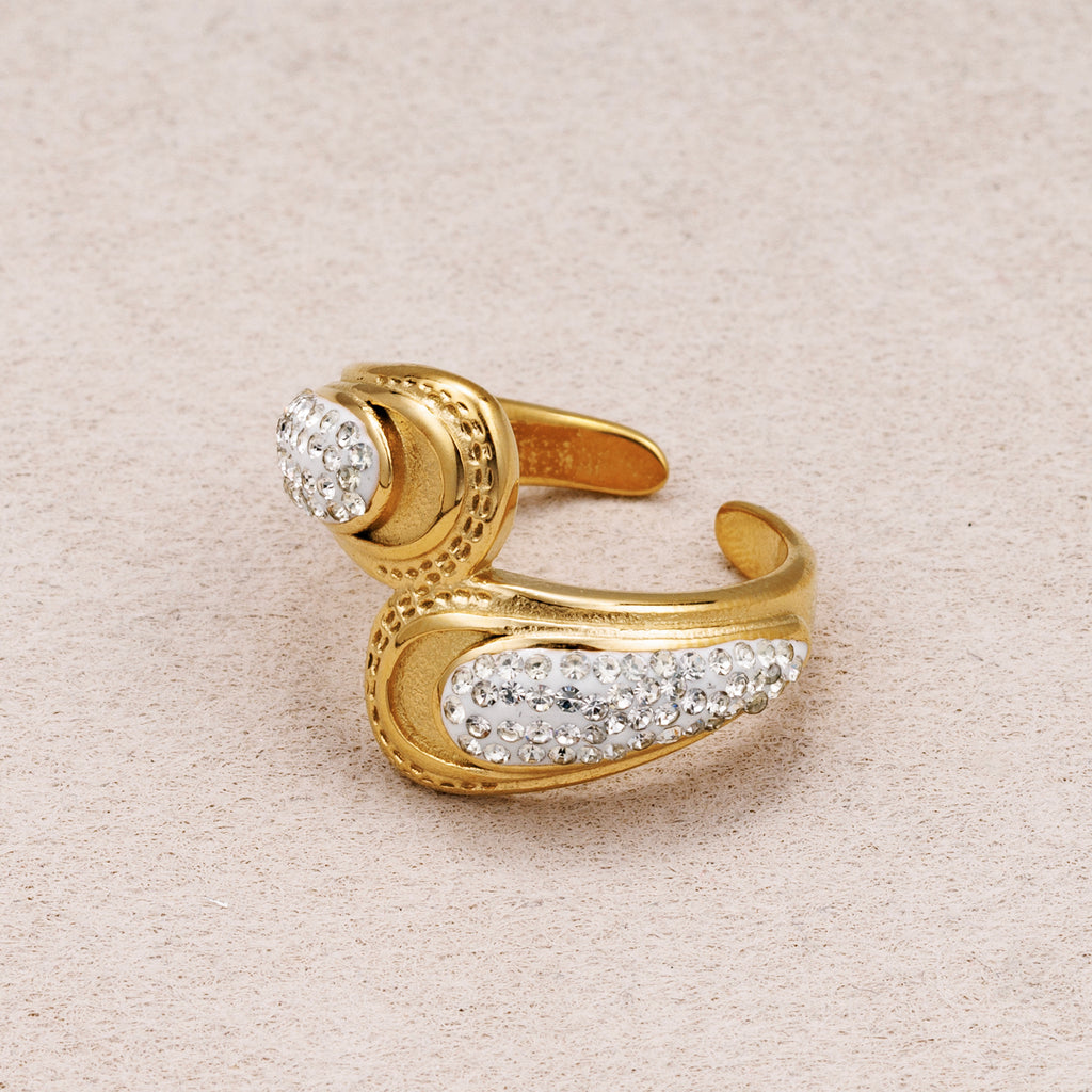 Gold PVD Stainless Steel Micro Paved CZ Teardrop Adjustable Ring