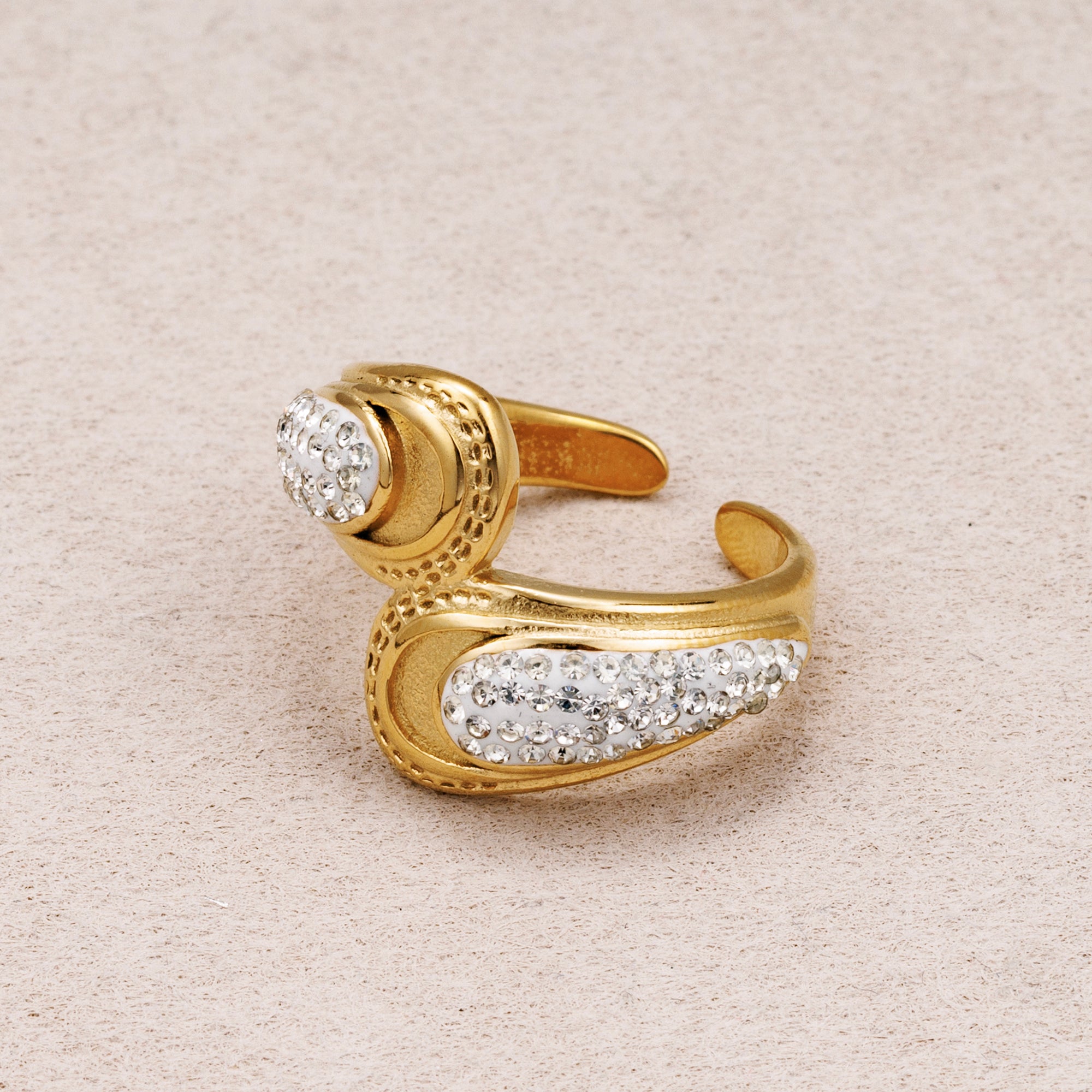 Gold PVD Stainless Steel Micro Paved CZ Teardrop Adjustable Ring