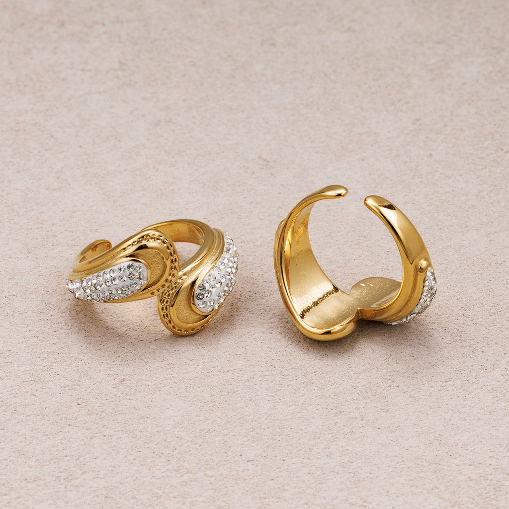 Gold PVD Stainless Steel Micro Paved CZ Teardrop Adjustable Ring