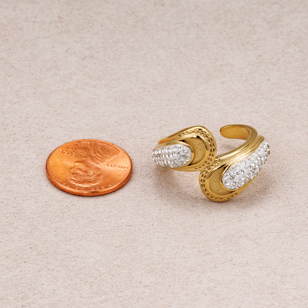 Gold PVD Stainless Steel Micro Paved CZ Teardrop Adjustable Ring