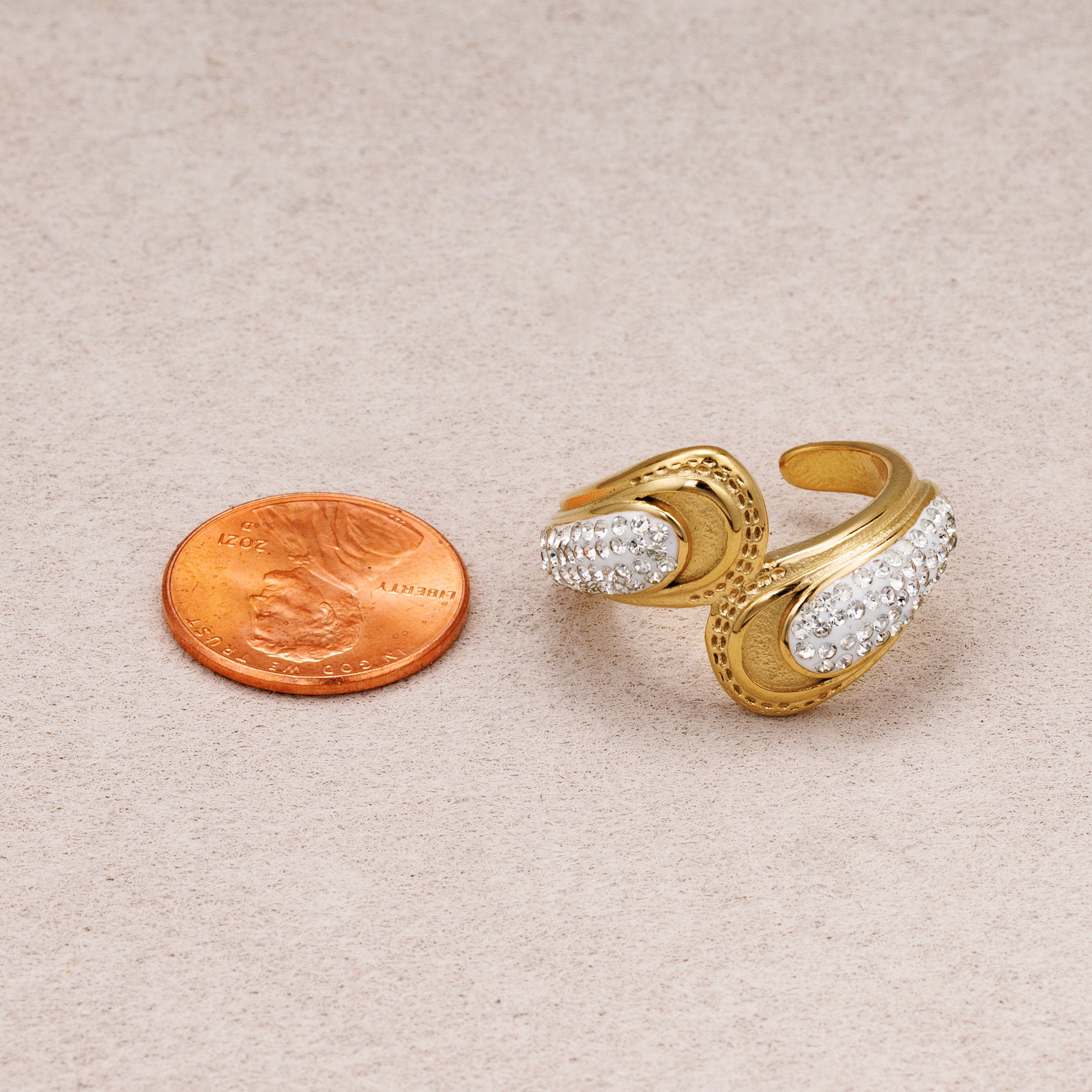 Gold PVD Stainless Steel Micro Paved CZ Teardrop Adjustable Ring