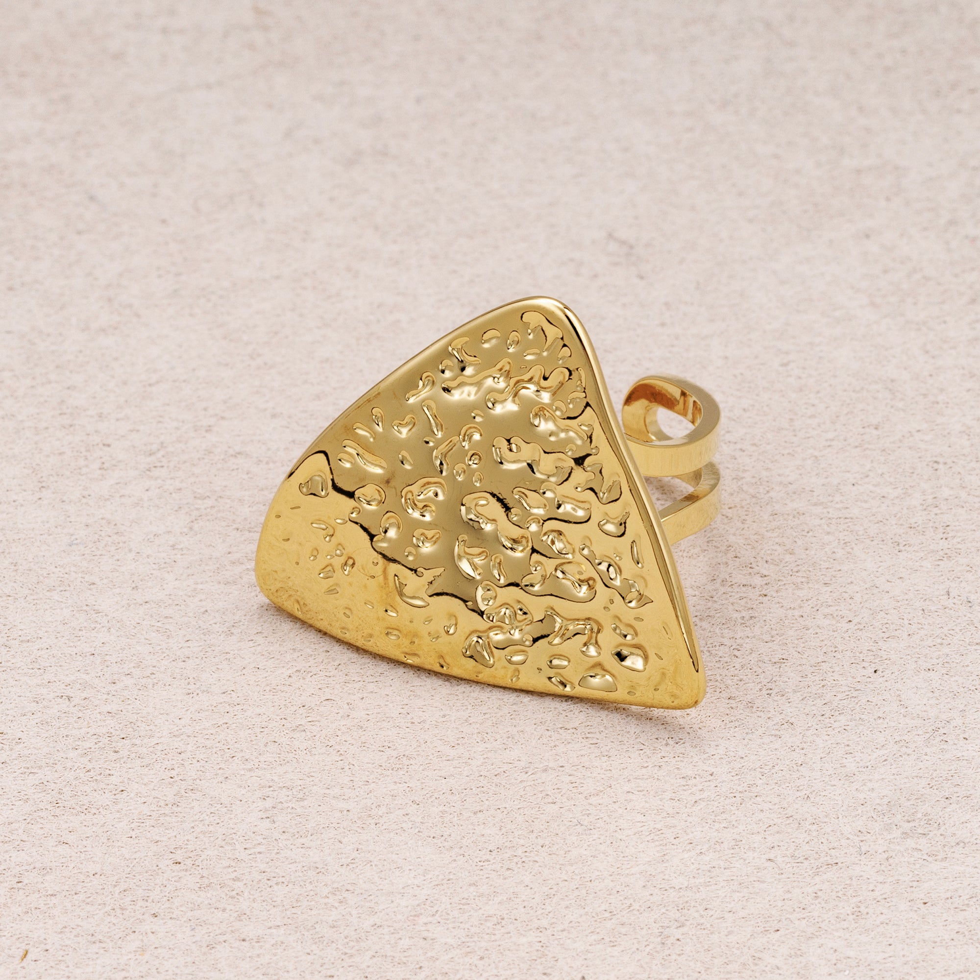 Gold PVD Stainless Steel Hammered Triangle Statement Adjustable Ring