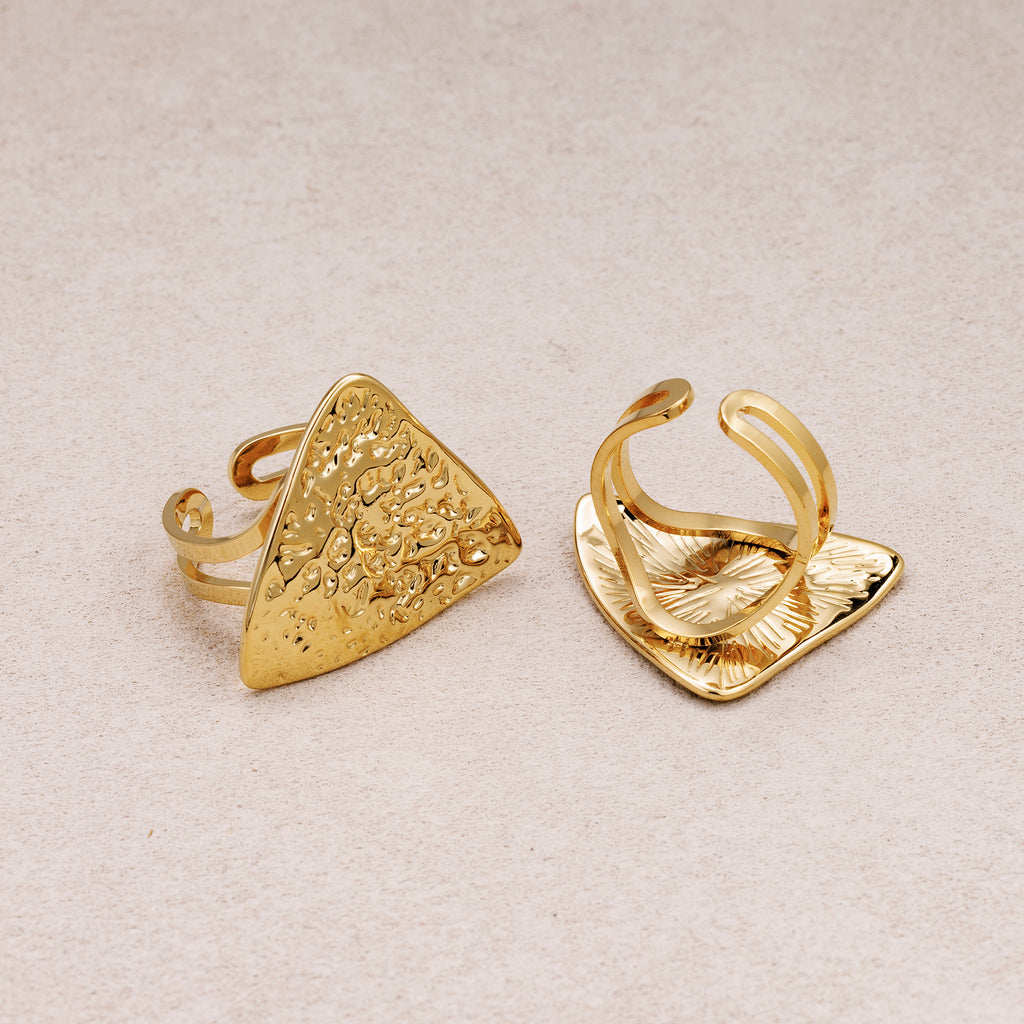 Gold PVD Stainless Steel Hammered Triangle Statement Adjustable Ring