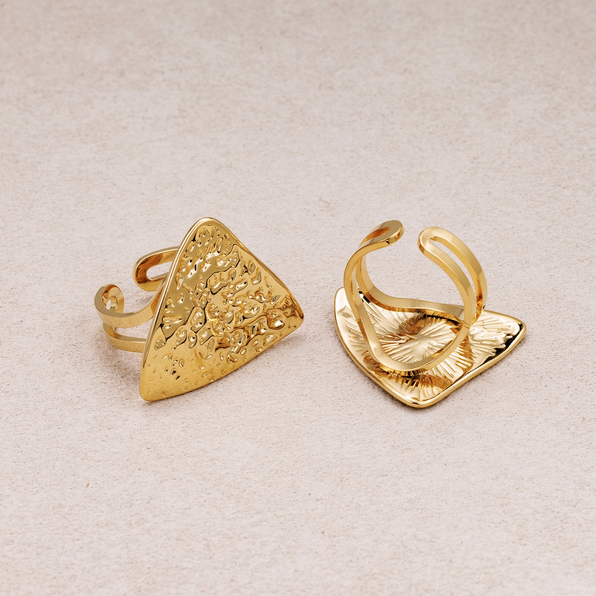 Gold PVD Stainless Steel Hammered Triangle Statement Adjustable Ring