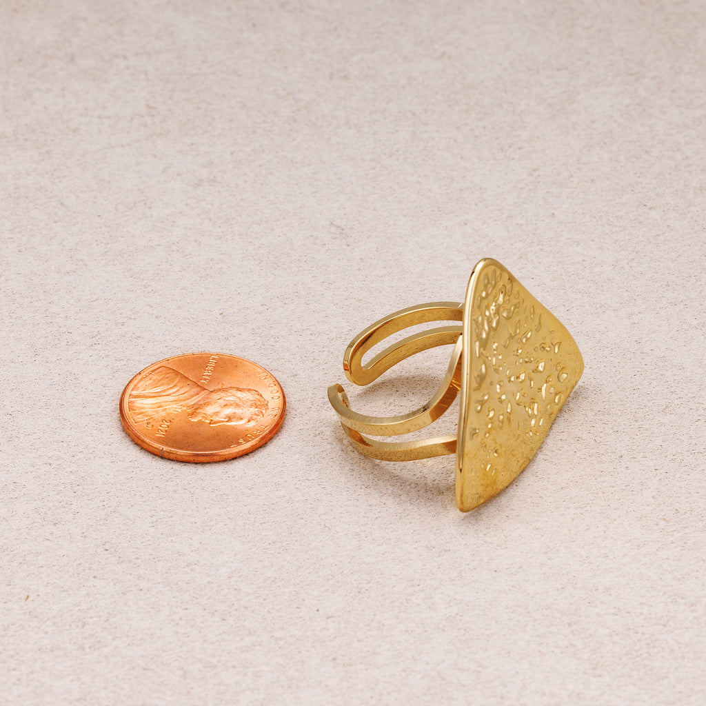 Gold PVD Stainless Steel Hammered Triangle Statement Adjustable Ring