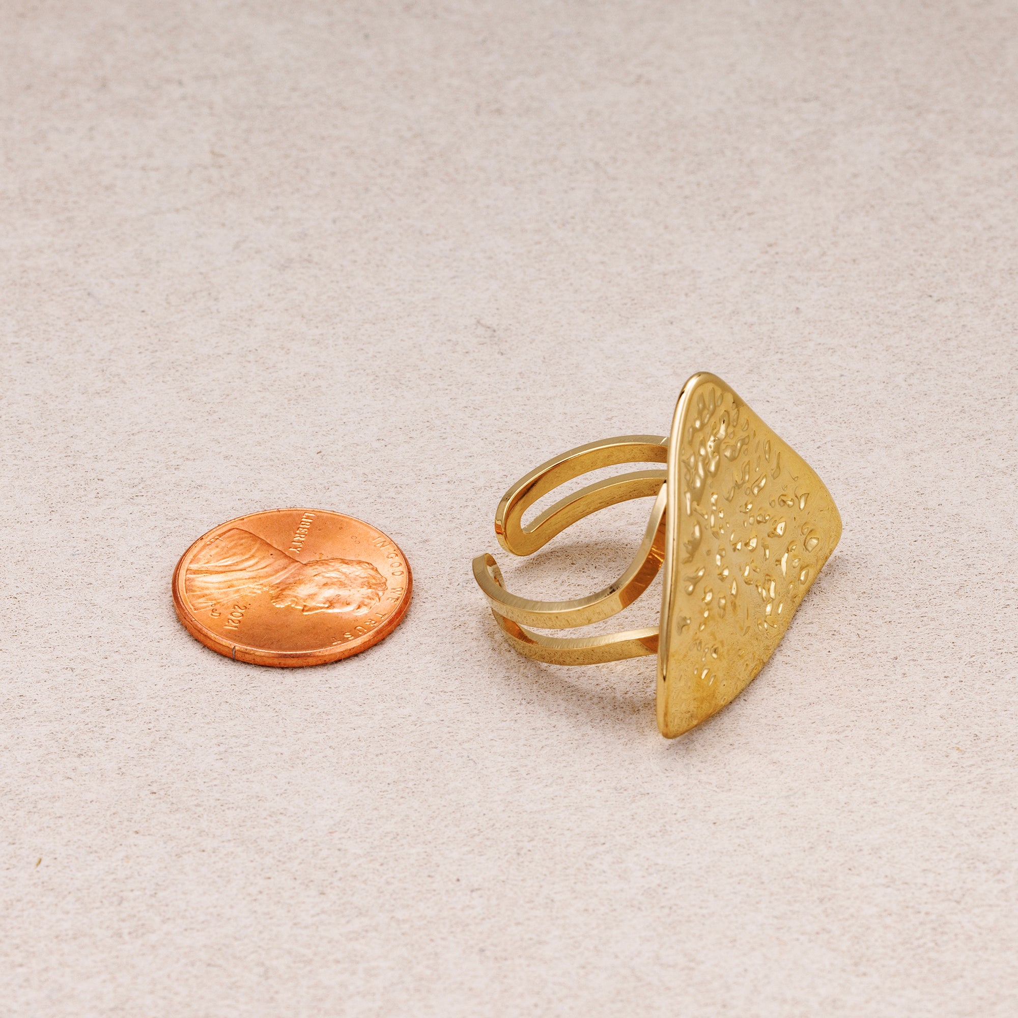 Gold PVD Stainless Steel Hammered Triangle Statement Adjustable Ring
