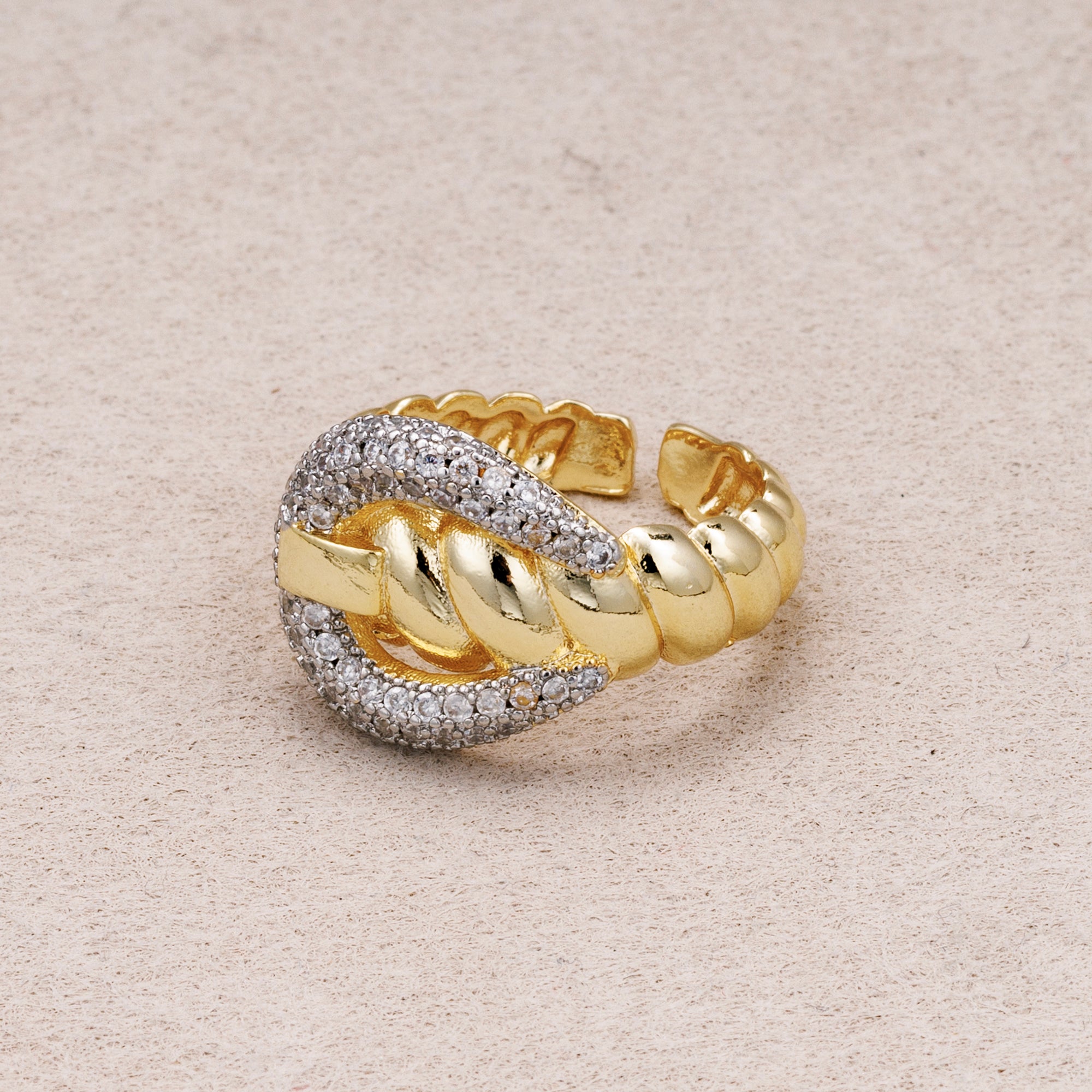 14K Gold Plated Micro Paved CZ Twisted Rope Buckle Statement Adjustable Ring