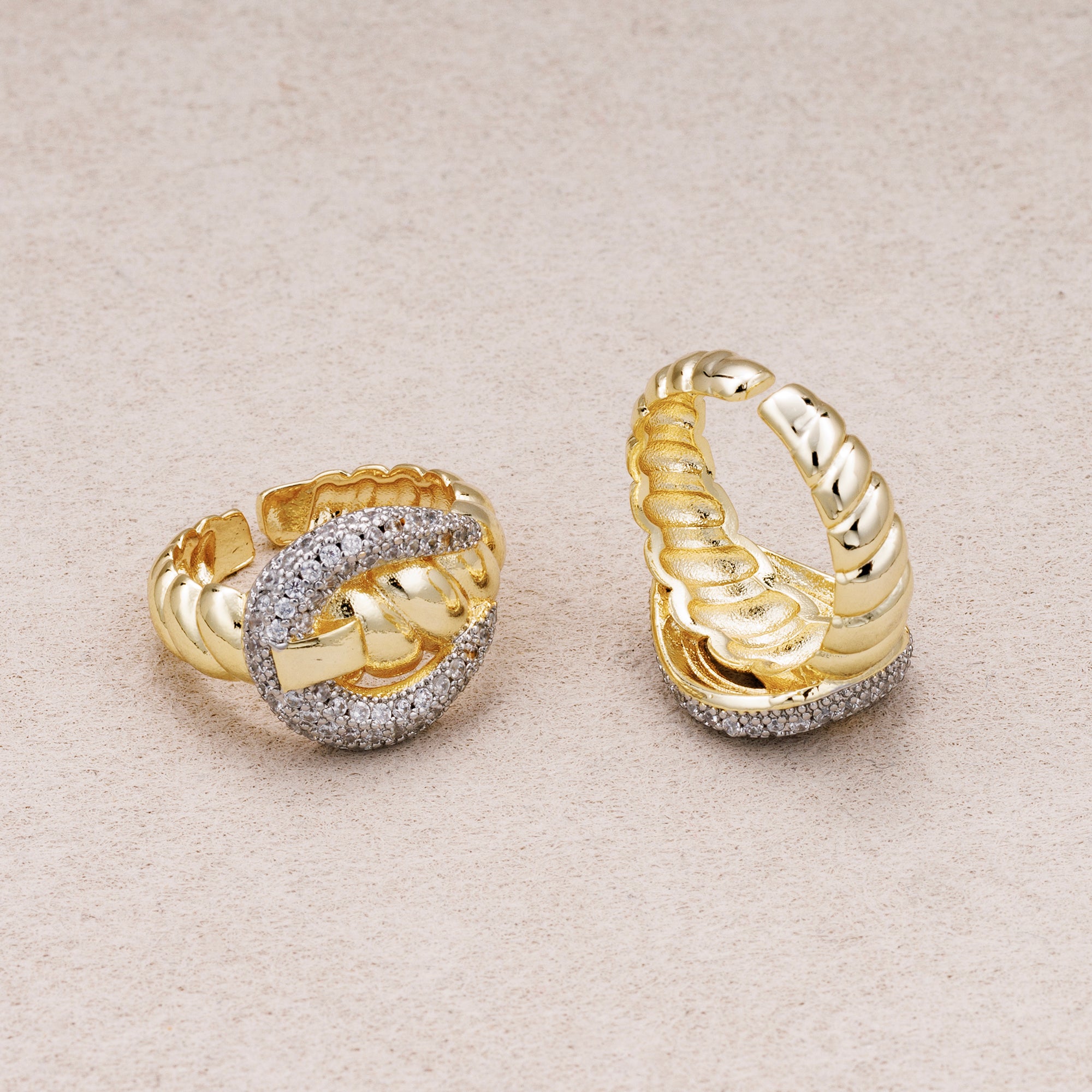 14K Gold Plated Micro Paved CZ Twisted Rope Buckle Statement Adjustable Ring