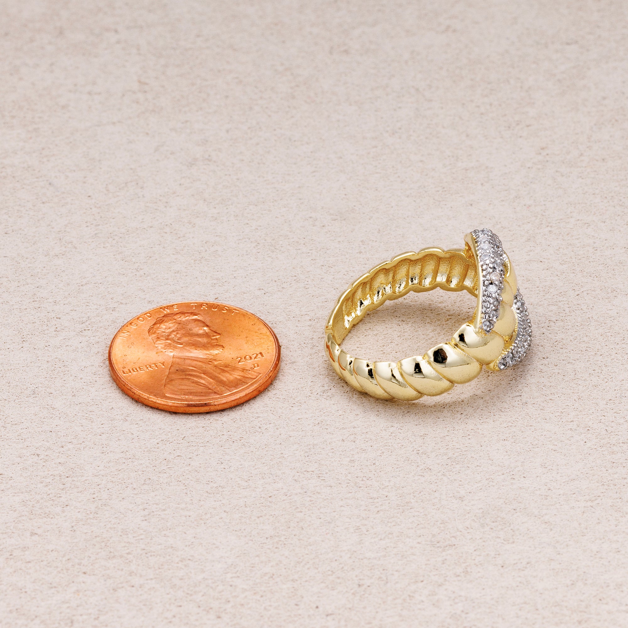 14K Gold Plated Micro Paved CZ Twisted Rope Buckle Statement Adjustable Ring