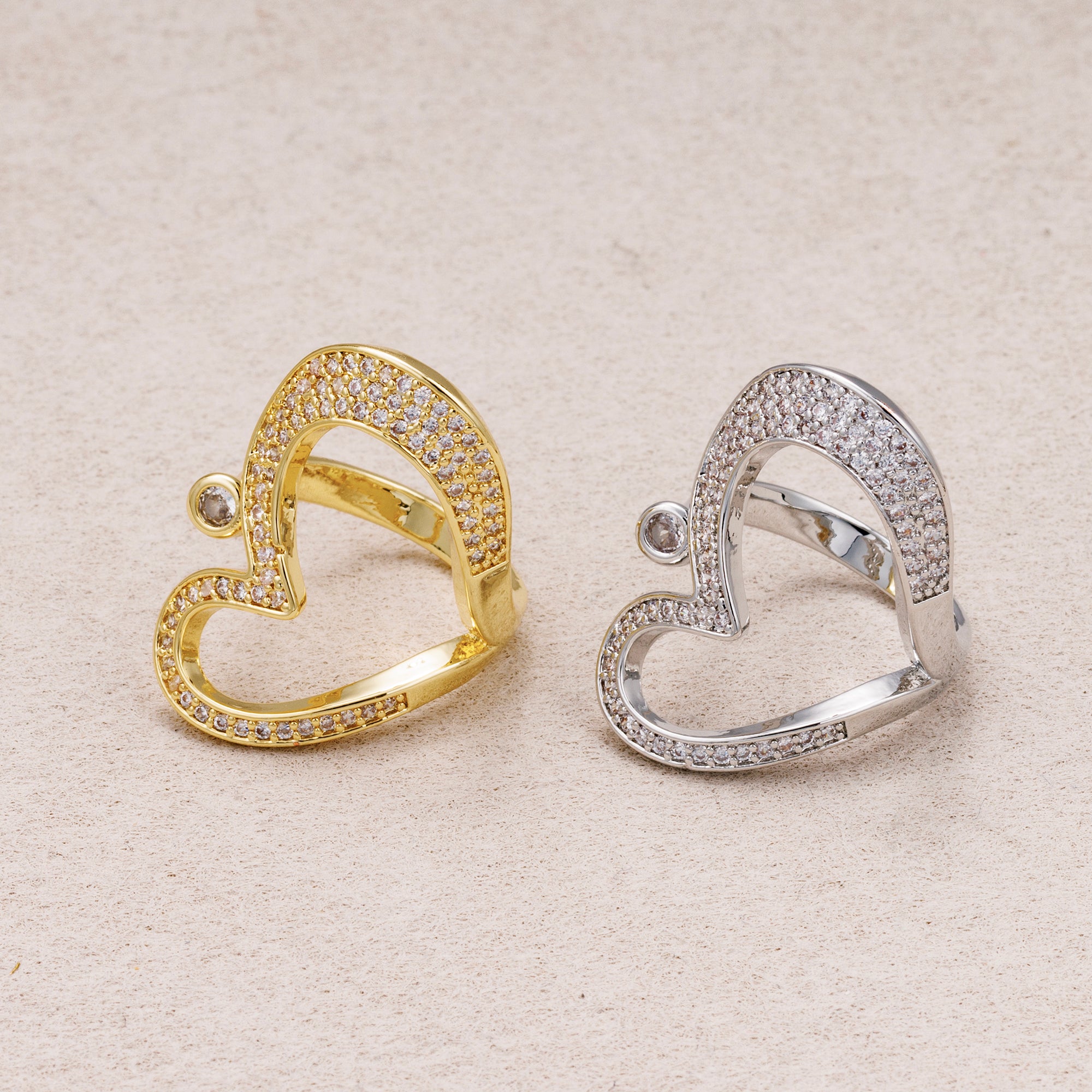 24K Gold Plated Micro Paved CZ Love Heart Open Adjustable Ring