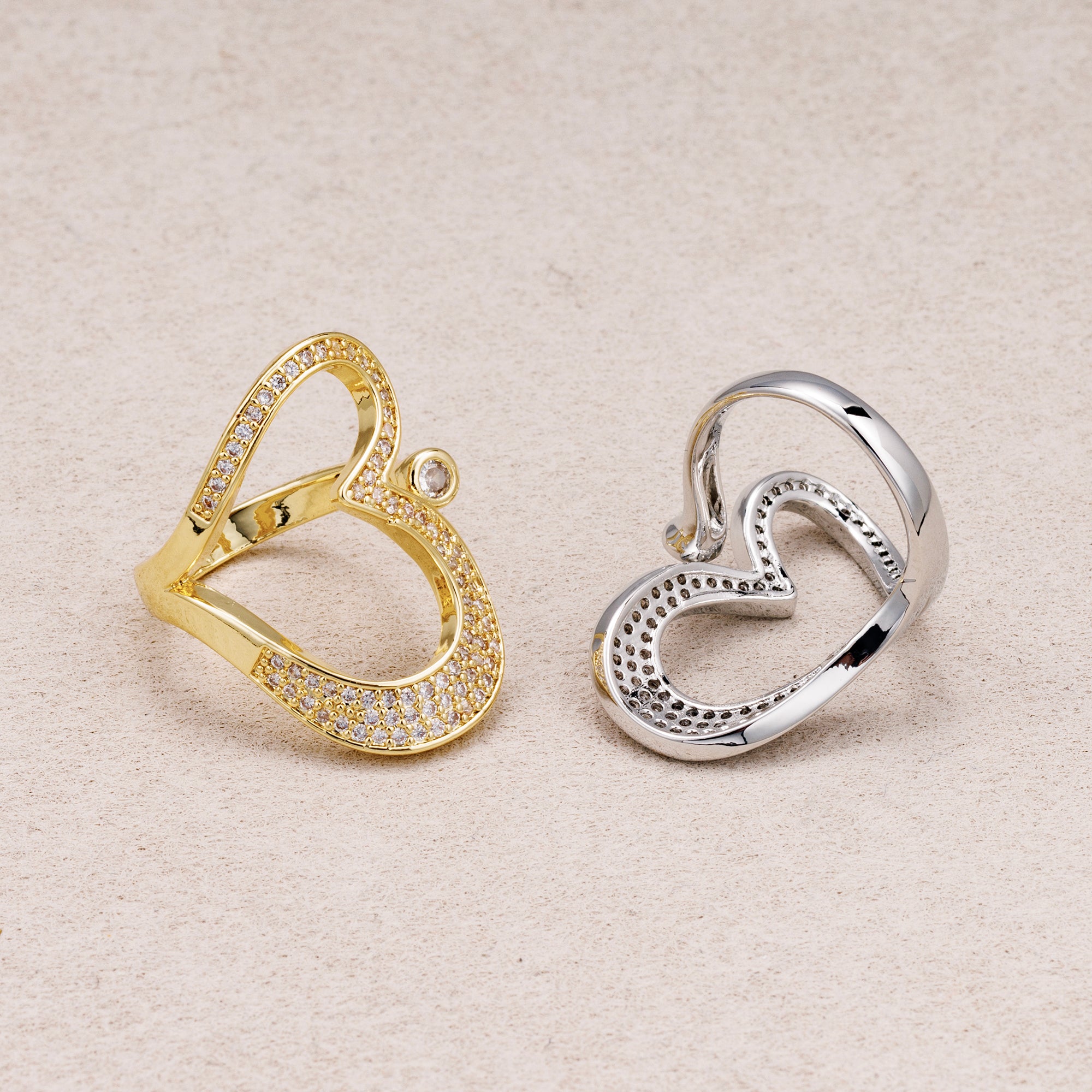 24K Gold Plated Micro Paved CZ Love Heart Open Adjustable Ring