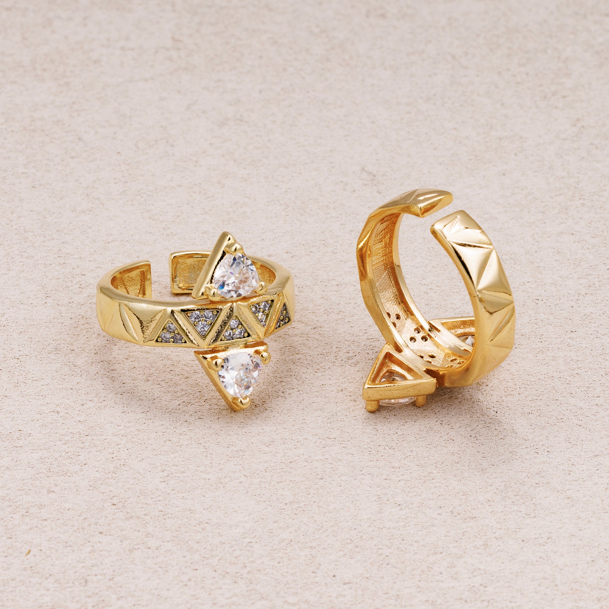 14K Gold Plated Triangle CZ Pyramid Geometric Adjustable Ring