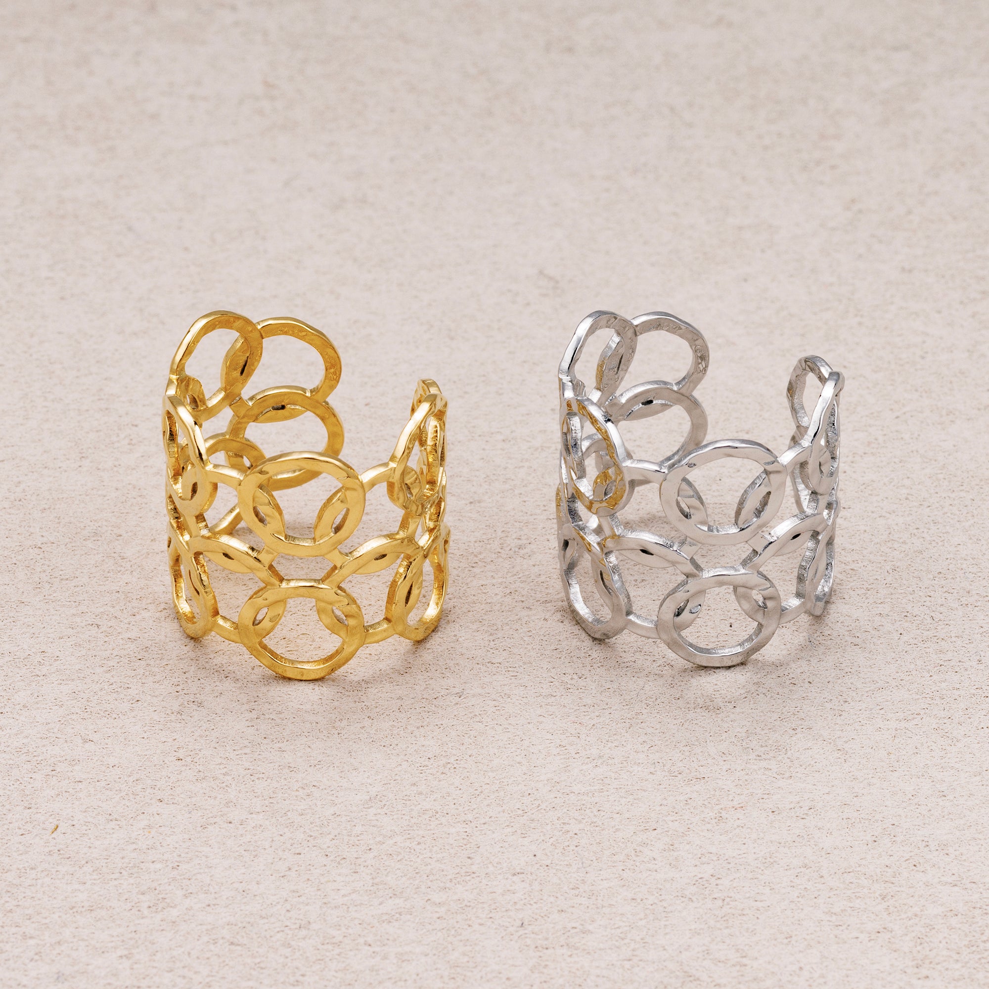 Gold PVD Stainless Steel Geometric Open Circle Link Band Adjustable Ring