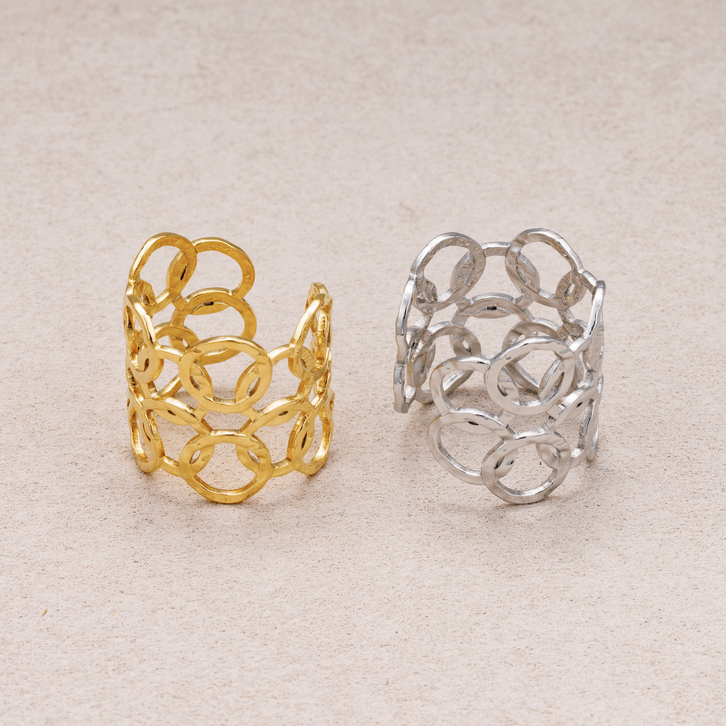 Gold PVD Stainless Steel Geometric Open Circle Link Band Adjustable Ring