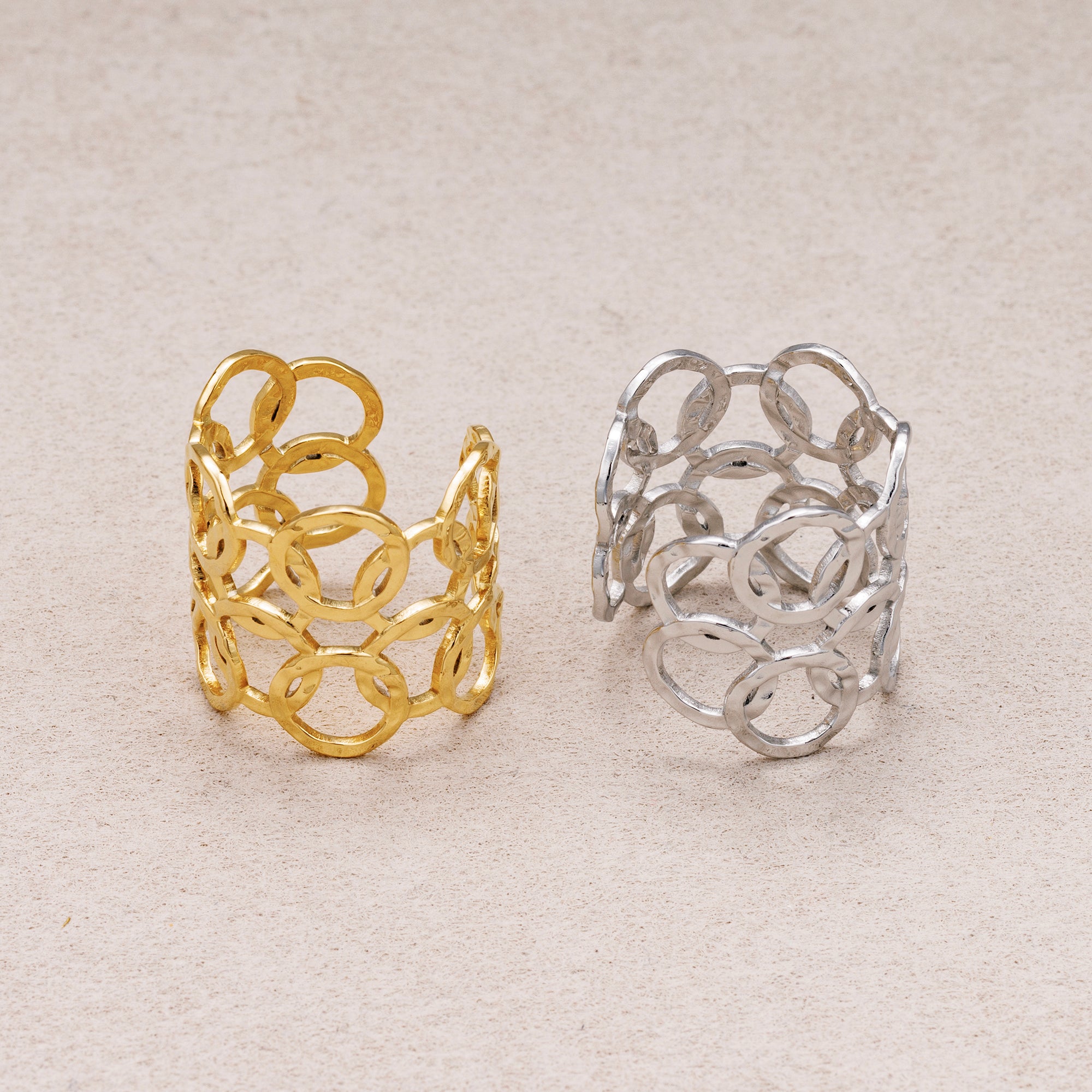 Gold PVD Stainless Steel Geometric Open Circle Link Band Adjustable Ring
