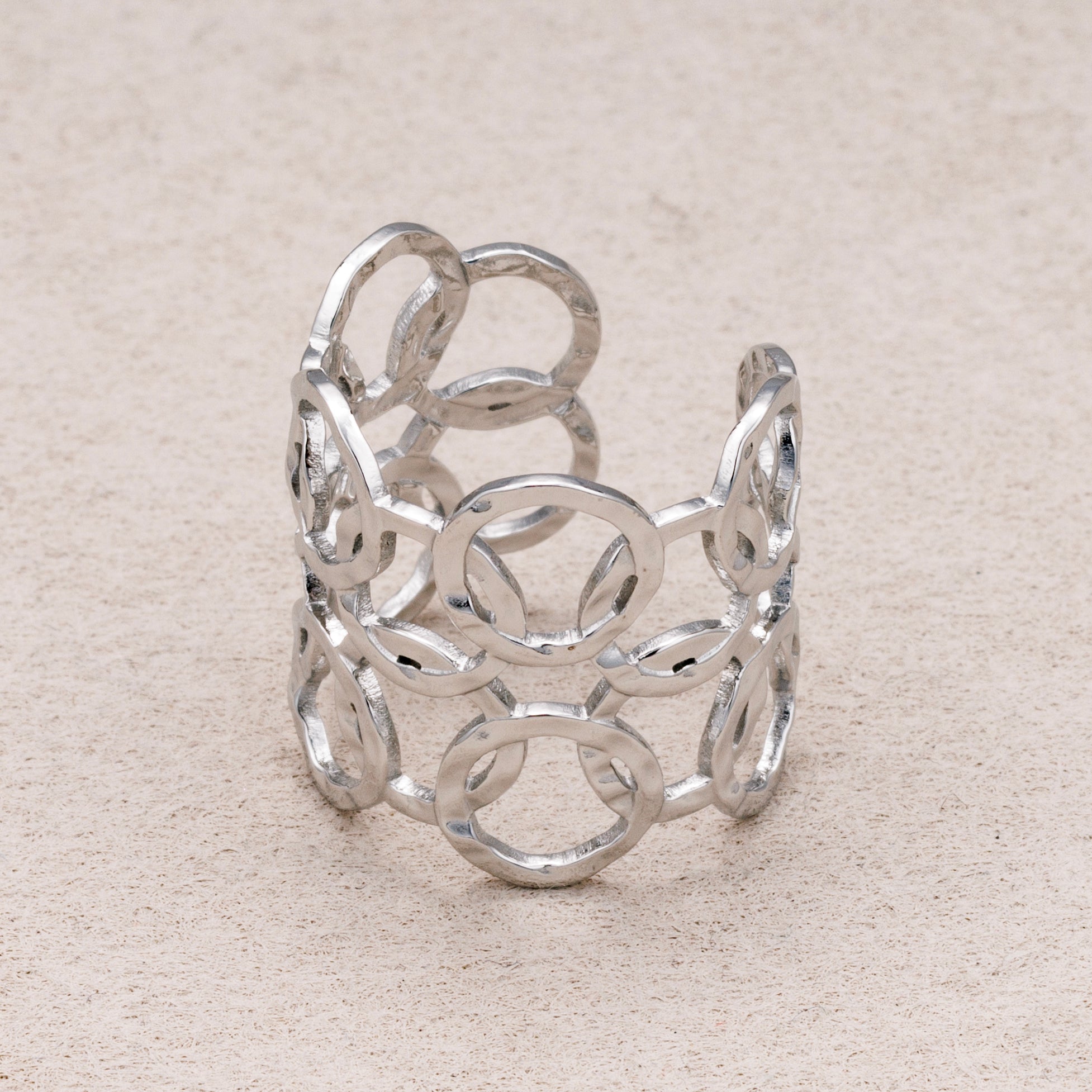 Gold PVD Stainless Steel Geometric Open Circle Link Band Adjustable Ring