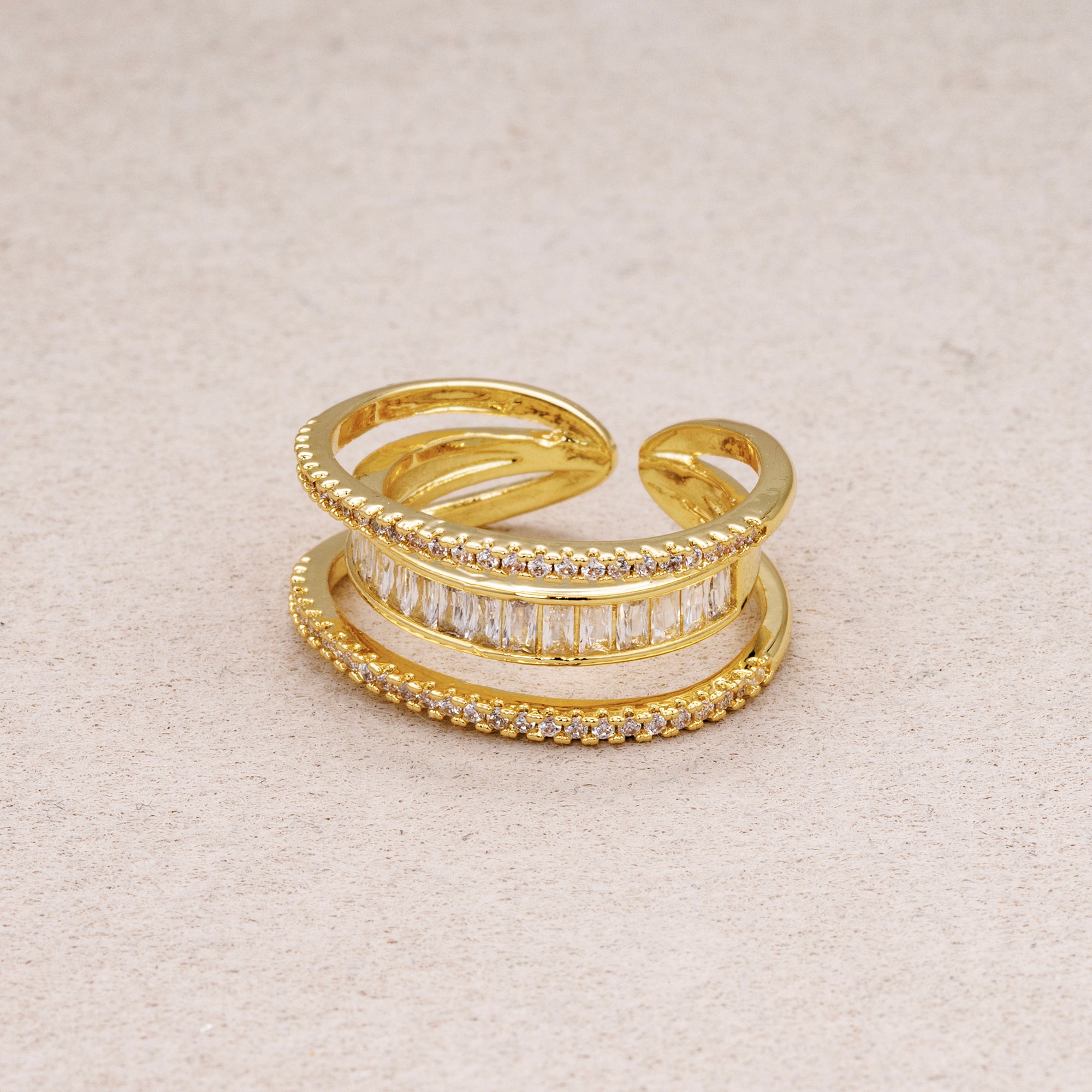 24K Gold Plated Micro Paved CZ Baguette Triple Row Adjustable Ring