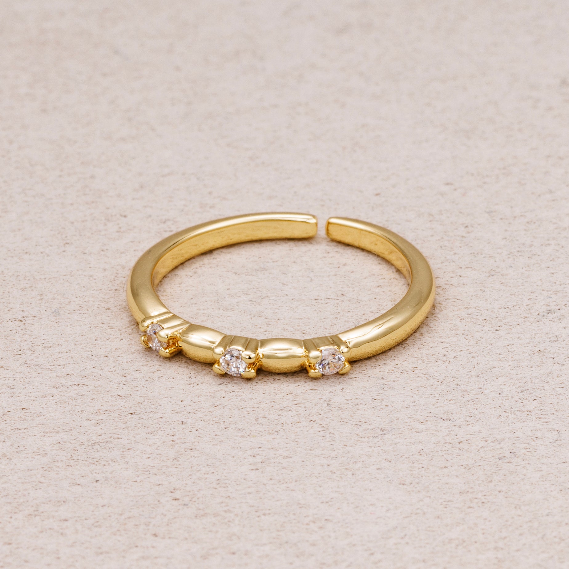 16K Gold Plated Minimalist Triple CZ Adjustable Ring