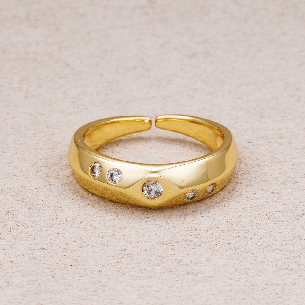 16K Gold Plated Starburst CZ Tapered Band Adjustable Ring