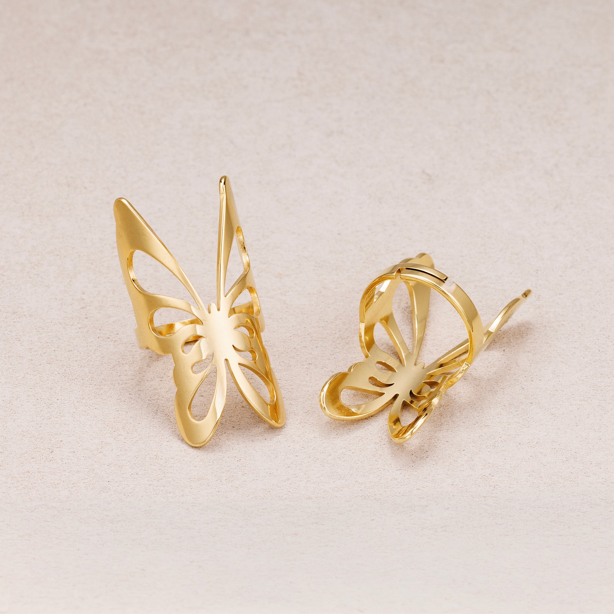 Gold PVD Stainless Steel Oversized Hollow Butterfly Adjustable Ring