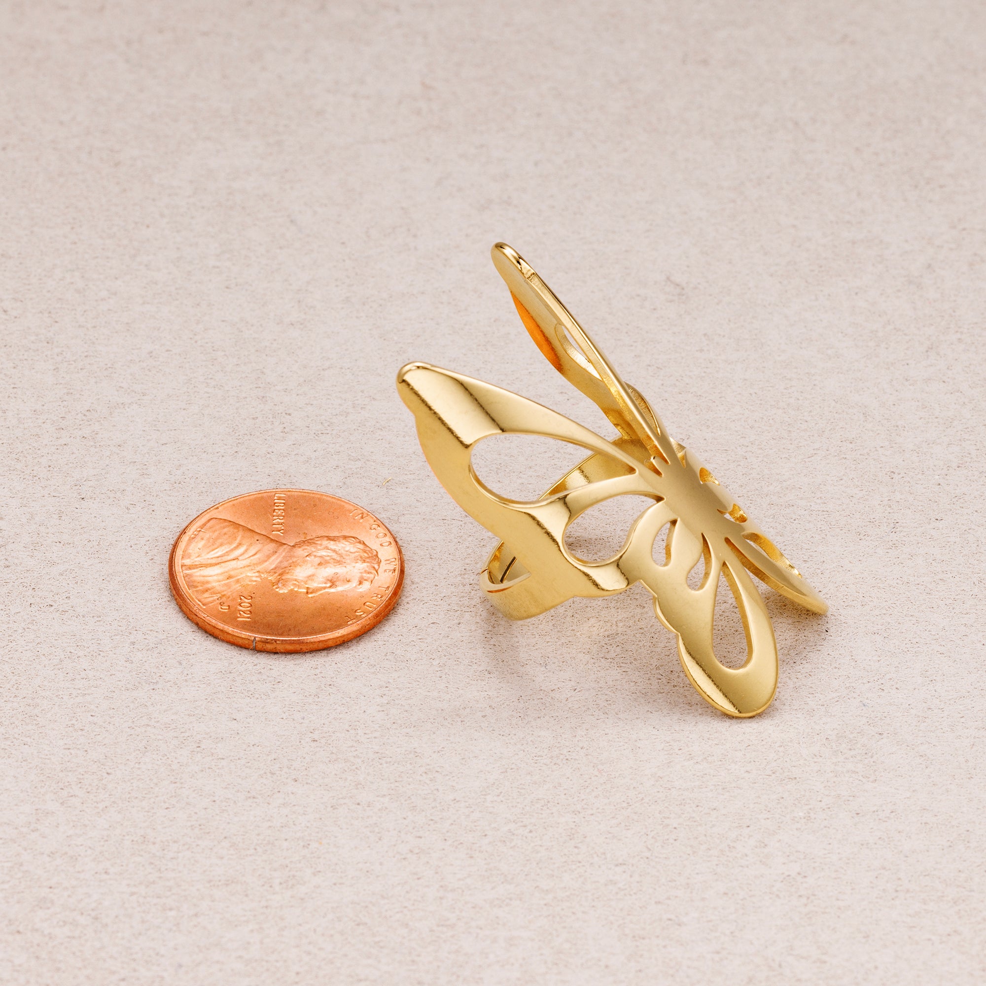 Gold PVD Stainless Steel Oversized Hollow Butterfly Adjustable Ring